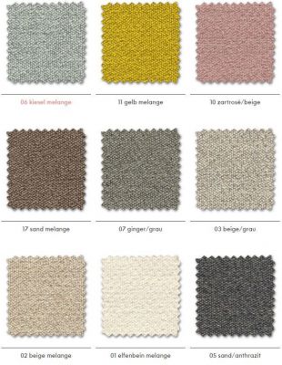 Vitra Dumet Stoffmusterkarte: Nahaufnahme verschiedener Stoffmuster in Beige, Grau, Gelb und Rosé.