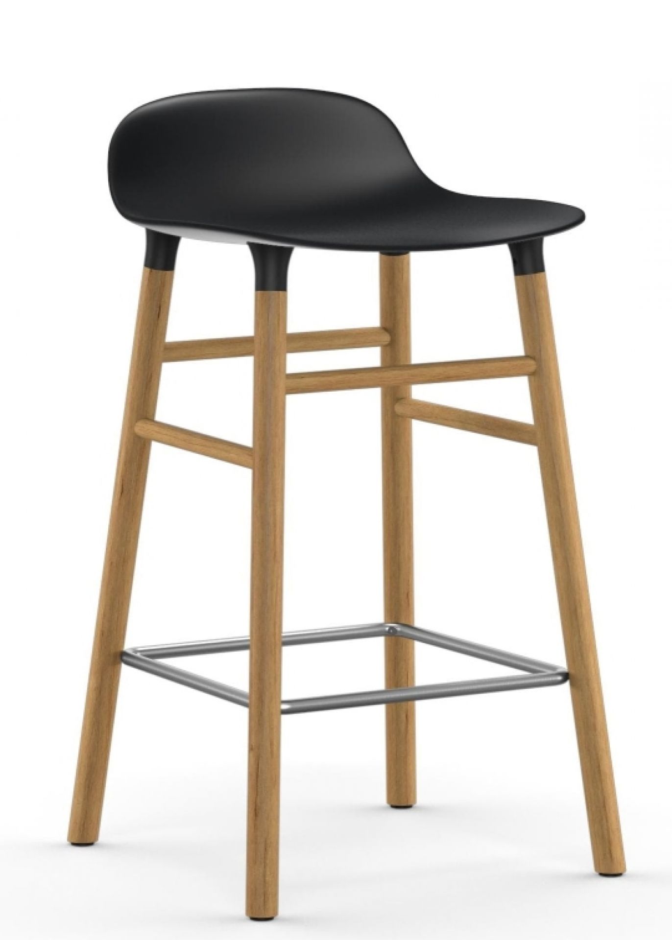 Form Barhocker von Normann Copenhagen, H 65 cm, mit schwarzer Sitzfläche und Holzgestell.