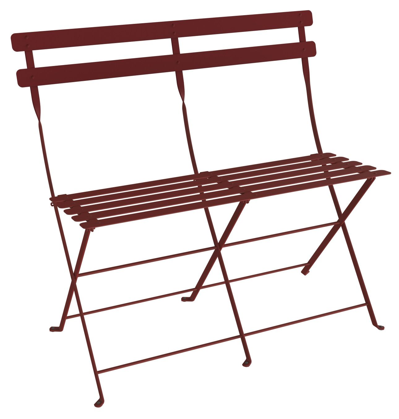 Bordeauxrote Fermob Bistro Klappbank für zwei Personen, ideal für Garten, Balkon oder Terrasse.