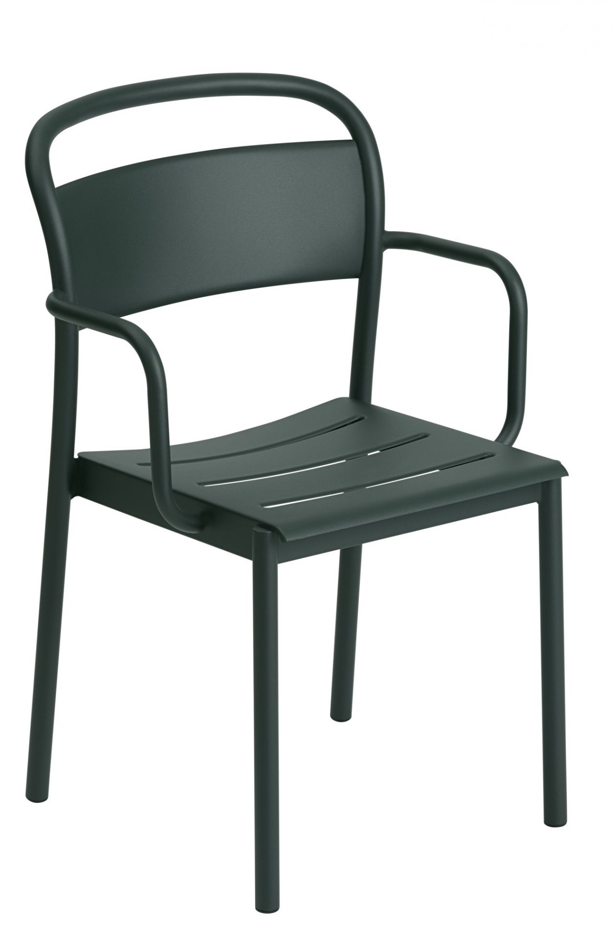 Muuto Linear Steel Armchair: Grauer Outdoor Armlehnstuhl aus Stahl, modern und minimalistisch gestaltet.