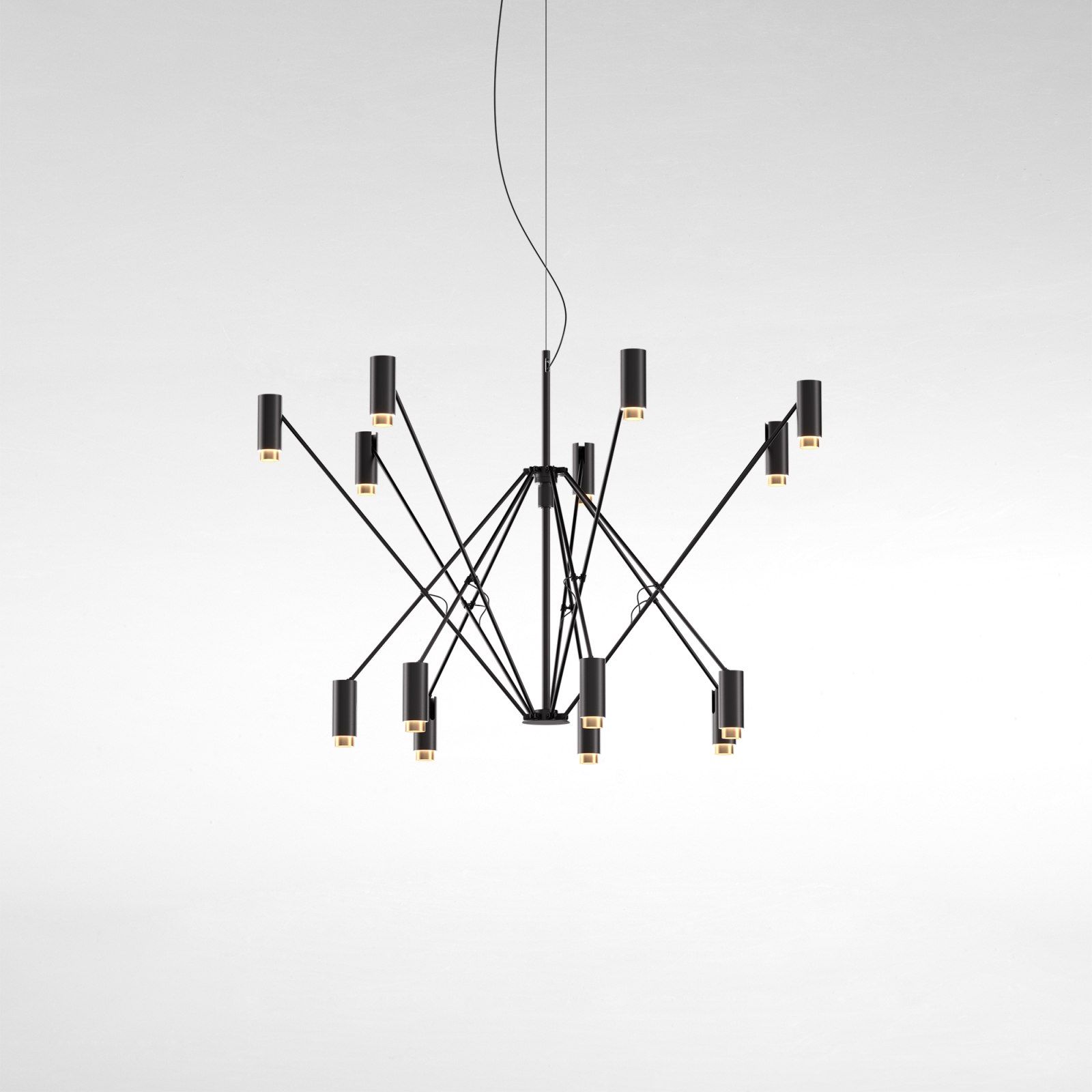 The W Pendelleuchte von Marset, moderne Hängelampe in Schwarz mit zylindrischen Leuchten.