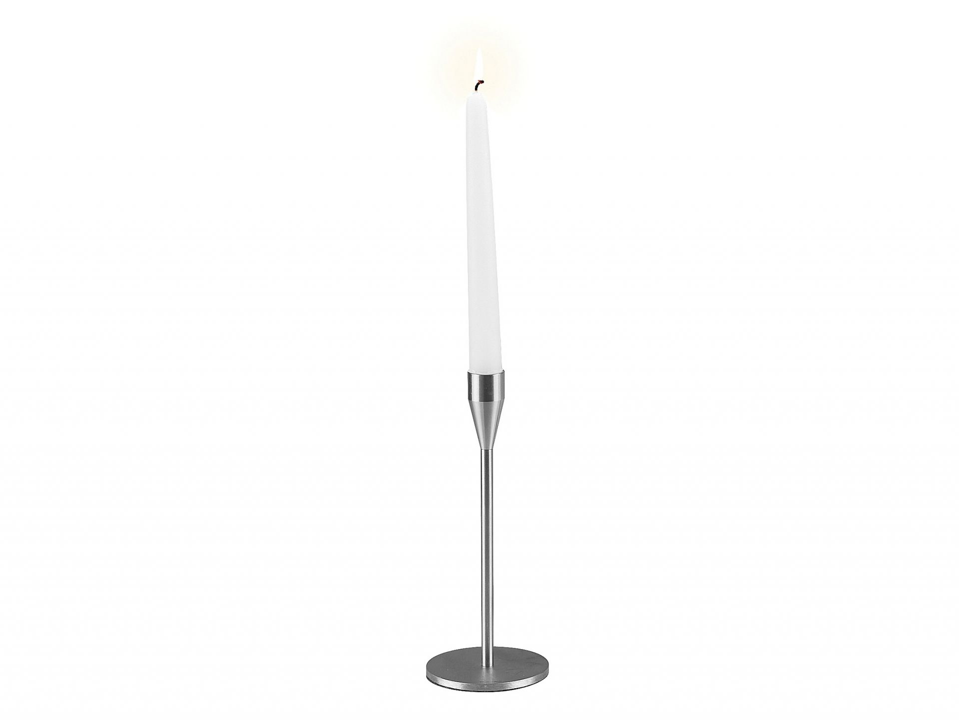 Mars/Venus Kerzenständer MINI von Piet Hein: Einzelstück, silberfarben, mit brennender, weißer Stabkerze.