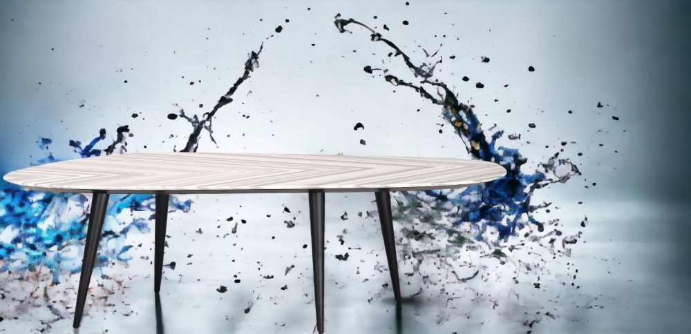 Zanotta Esstisch 2318 Tweed Marble mit ovaler Tischplatte und schwarzen Beinen vor abstraktem Hintergrund.