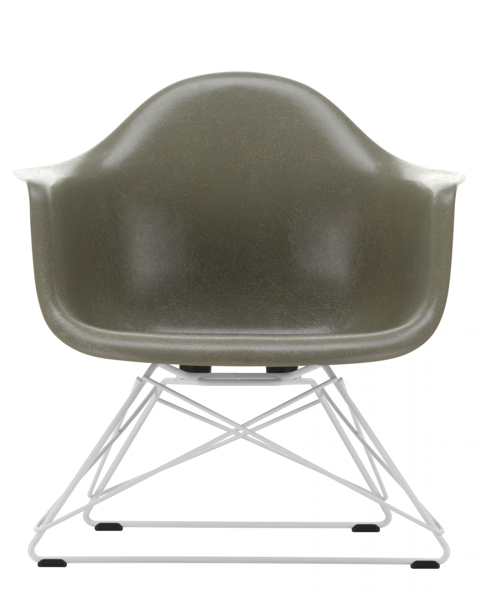 Vorderansicht des olivgrünen Eames Fiberglass Arm Chair LAR Stuhl mit weißem Drahtgestell.
