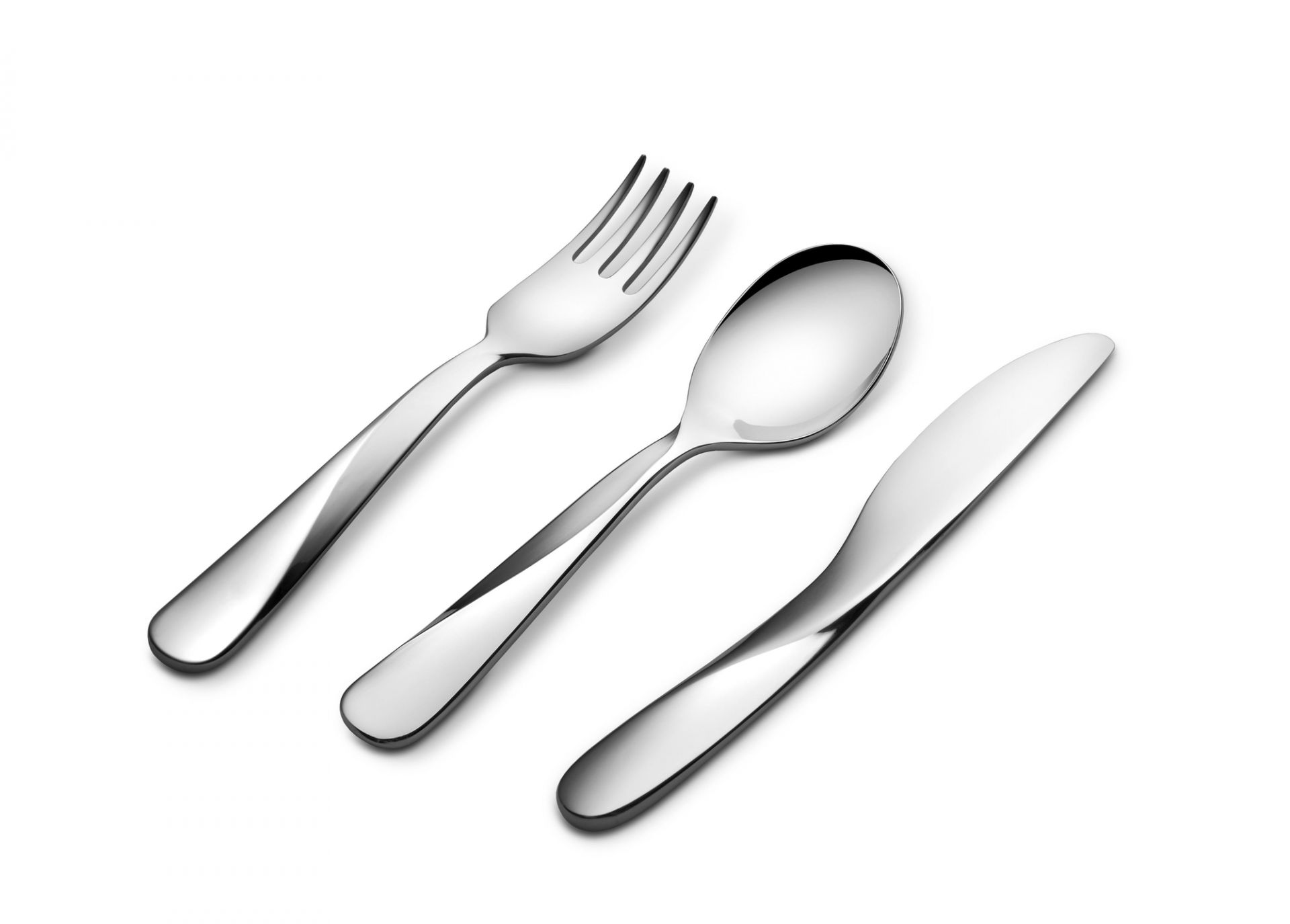 Alessi Kinderbesteck: Gabel, Löffel und Messer aus Edelstahl, Teil der Giro Kids Collection.