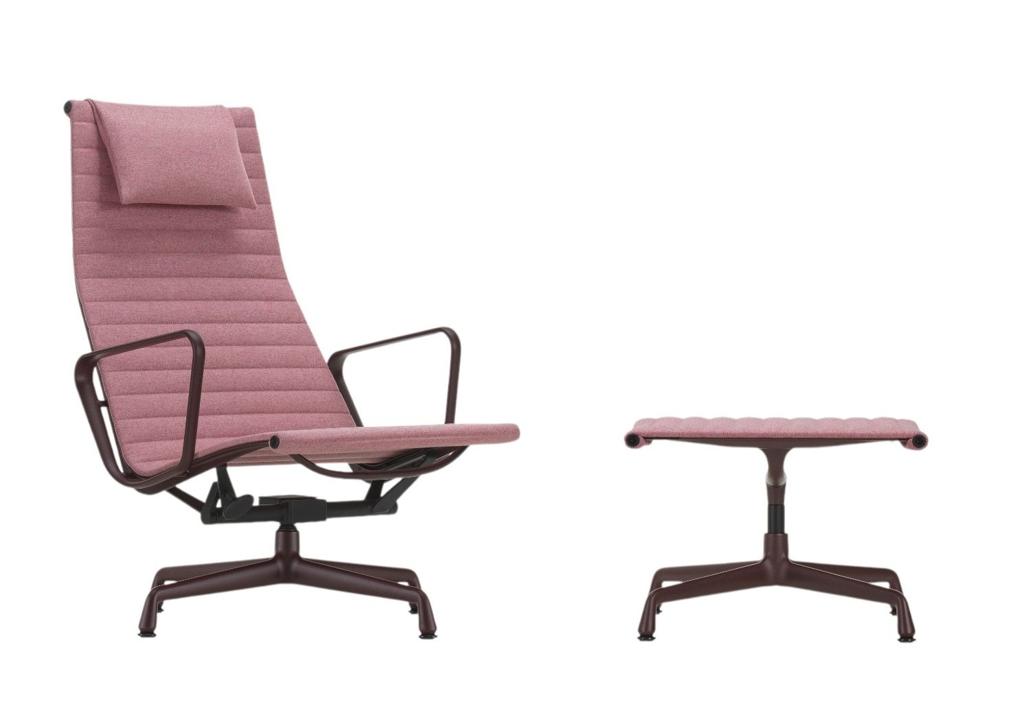 Aluminium Chair EA 125 von Vitra mit Hocker, rosafarbenes Stoffpolster und braunes Aluminiumgestell.