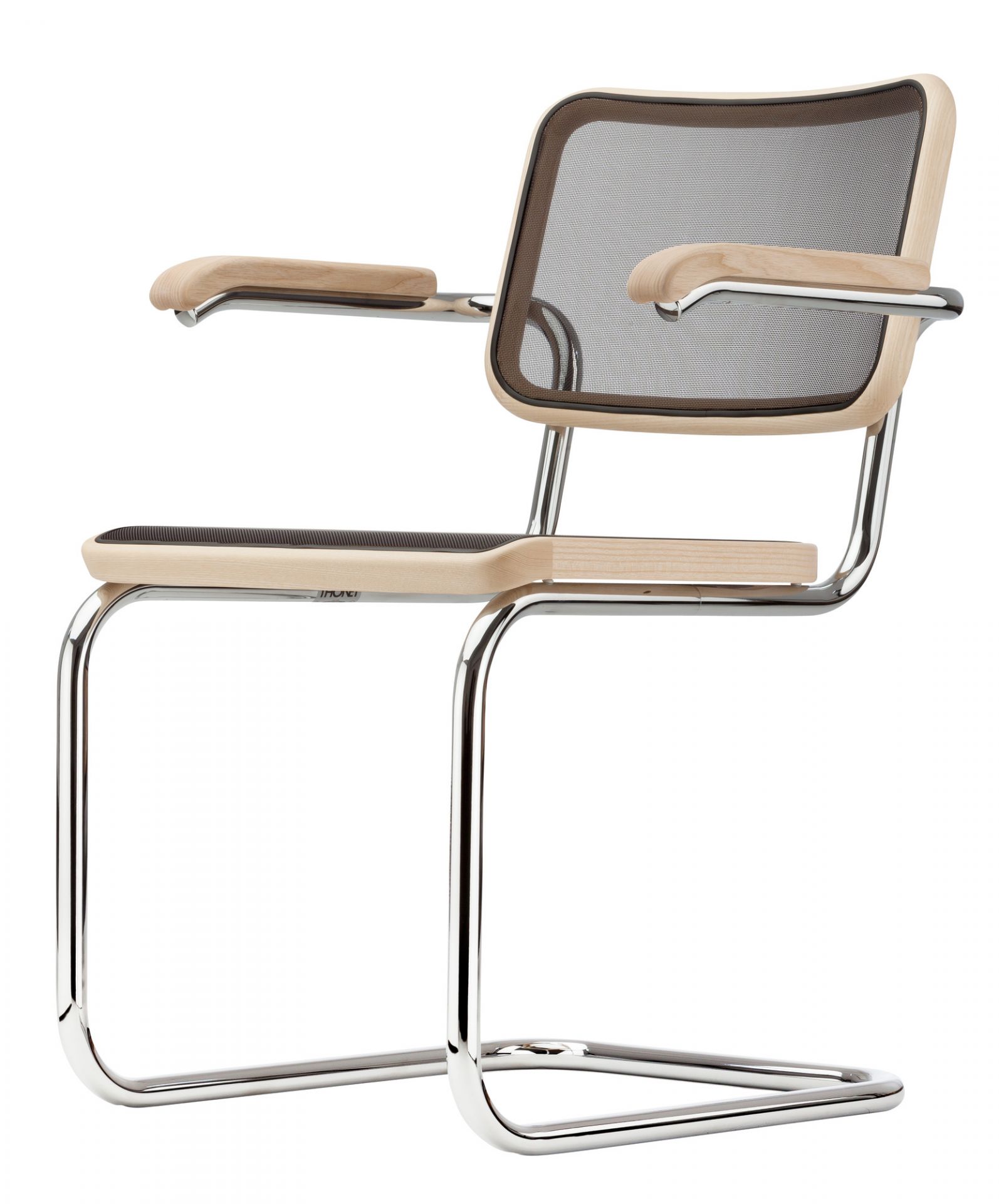 S 64 N Thonet Freischwinger mit Stahlrohrgestell, Holzarmlehnen und Netzbespannung. Klassischer Designstuhl für Büro und Wohnbereich.