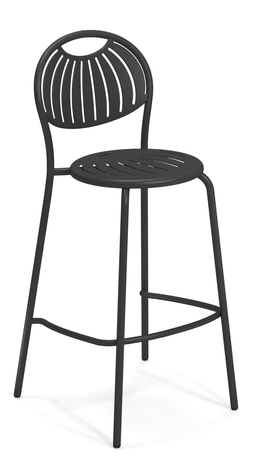 Coupole Barhocker von Emu für den Außenbereich, Stahl, anthrazitfarben, modernes Design mit Rückenlehne.