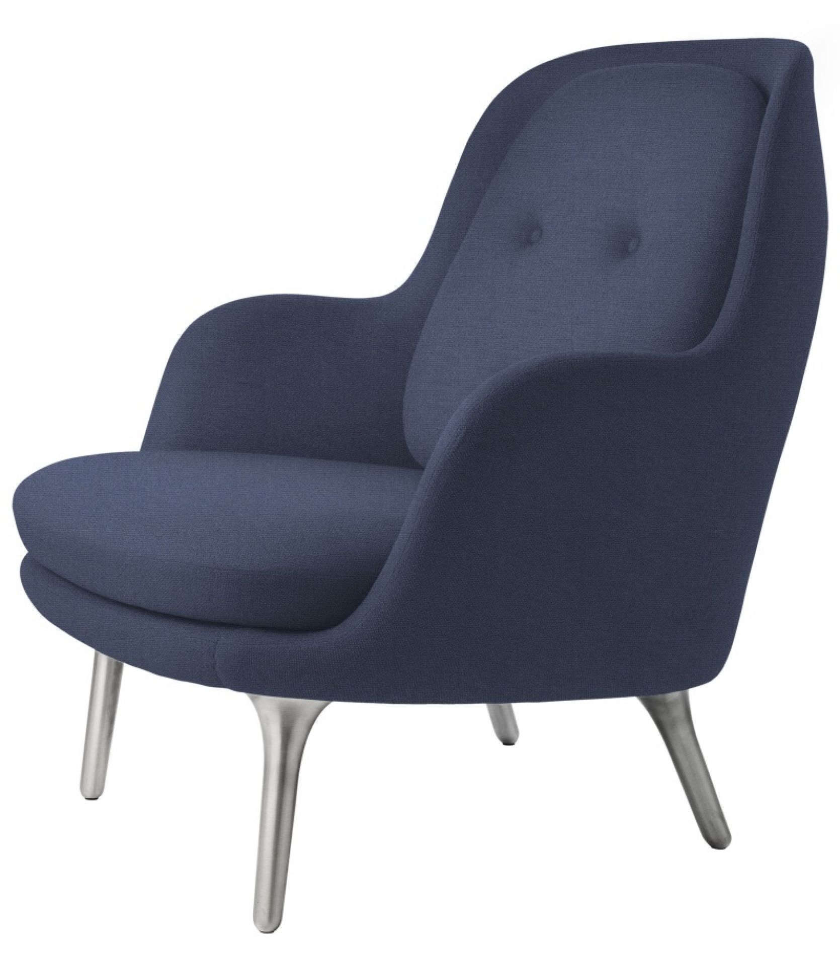 Blauer Fri Sessel von Fritz Hansen mit Armlehnen und silberfarbenen Beinen. Design Sessel.