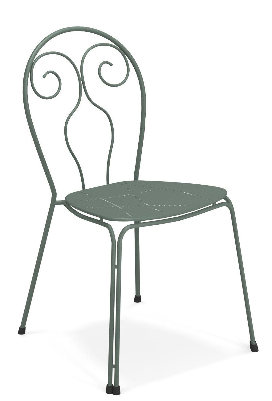 Caprera Stuhl von Emu für den Außenbereich, grüner Metallstuhl mit filigranem Design.