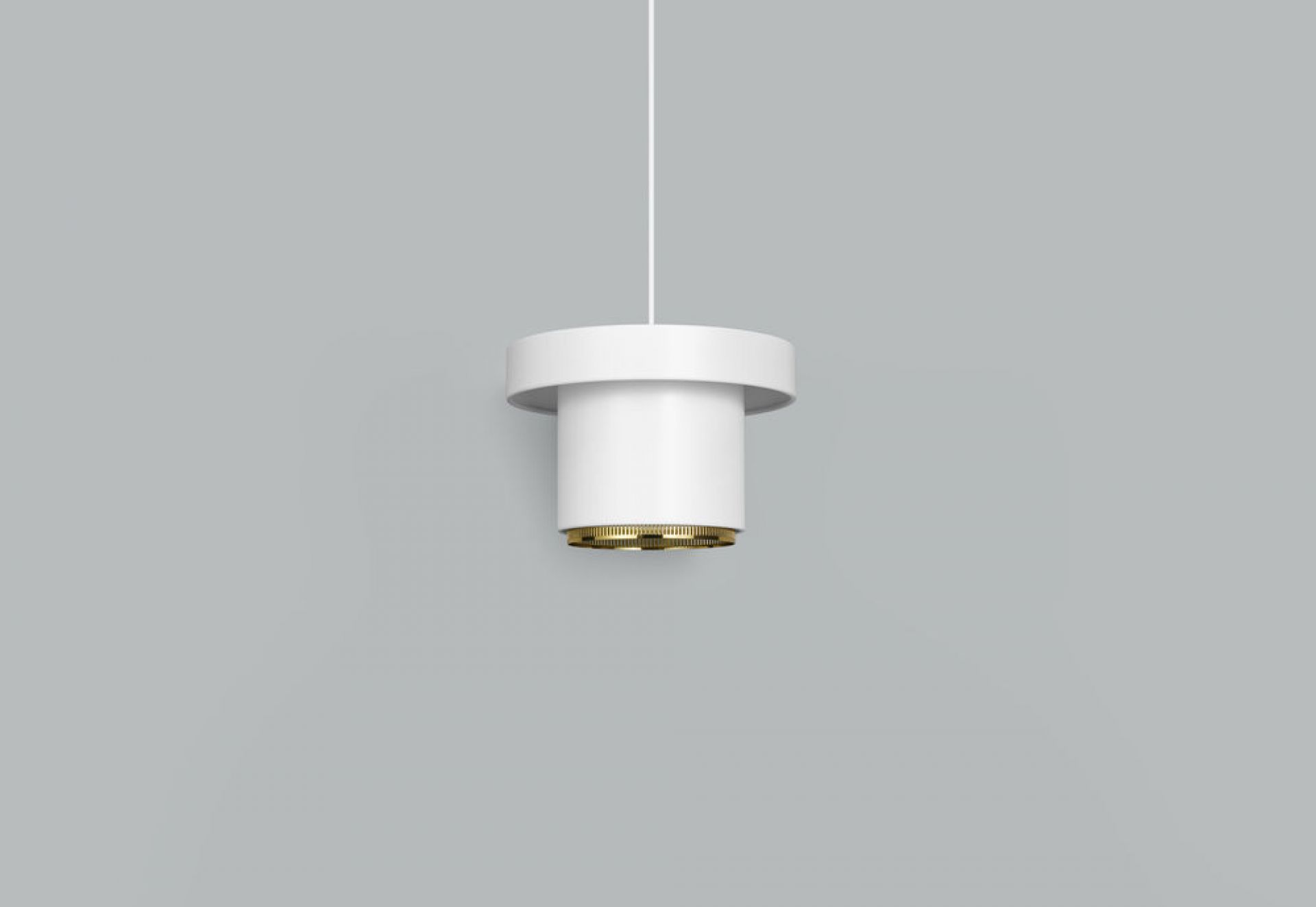 A201 Pendelleuchte von Artek, weiss mit Messingdetails, moderne Hängeleuchte für Wohnräume.
