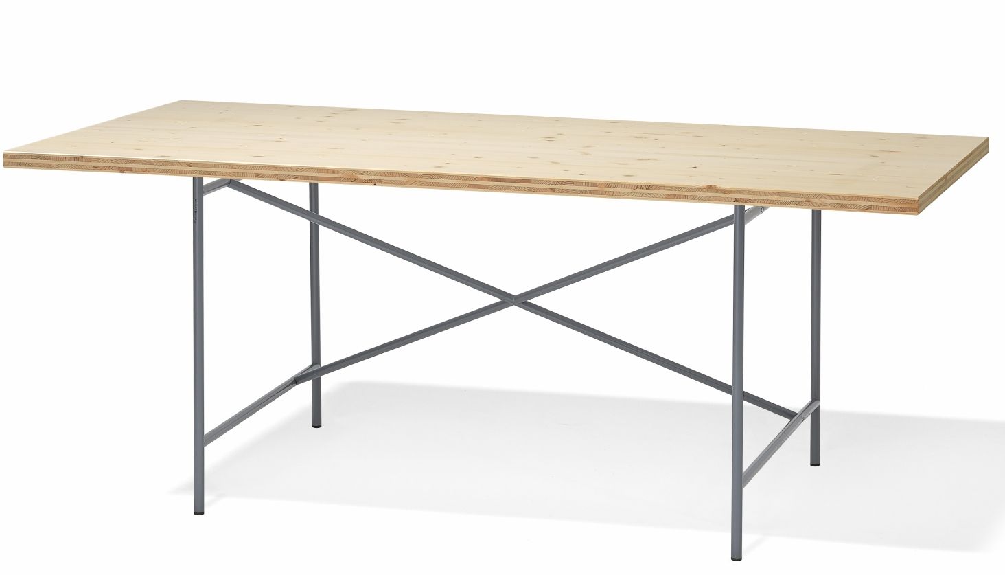 Eiermann Tisch mit hellem Holz und grauem Stahlgestell, Designklassiker von Richard Lampert.