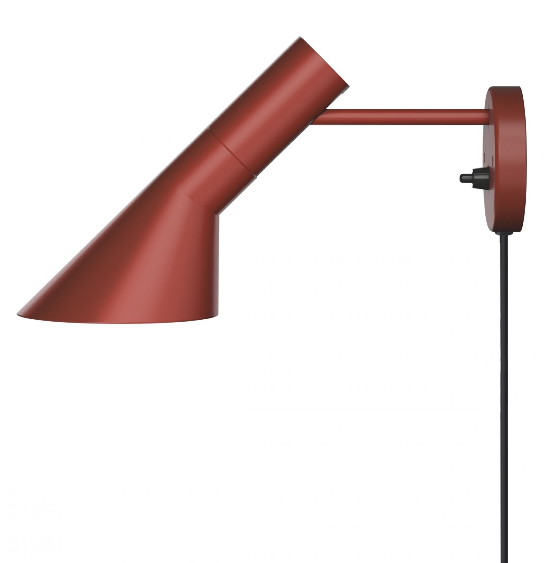 Rote AJ Wandleuchte von Louis Poulsen, moderne Innenbeleuchtung mit konischem Lampenschirm und schwarzem Kabel.