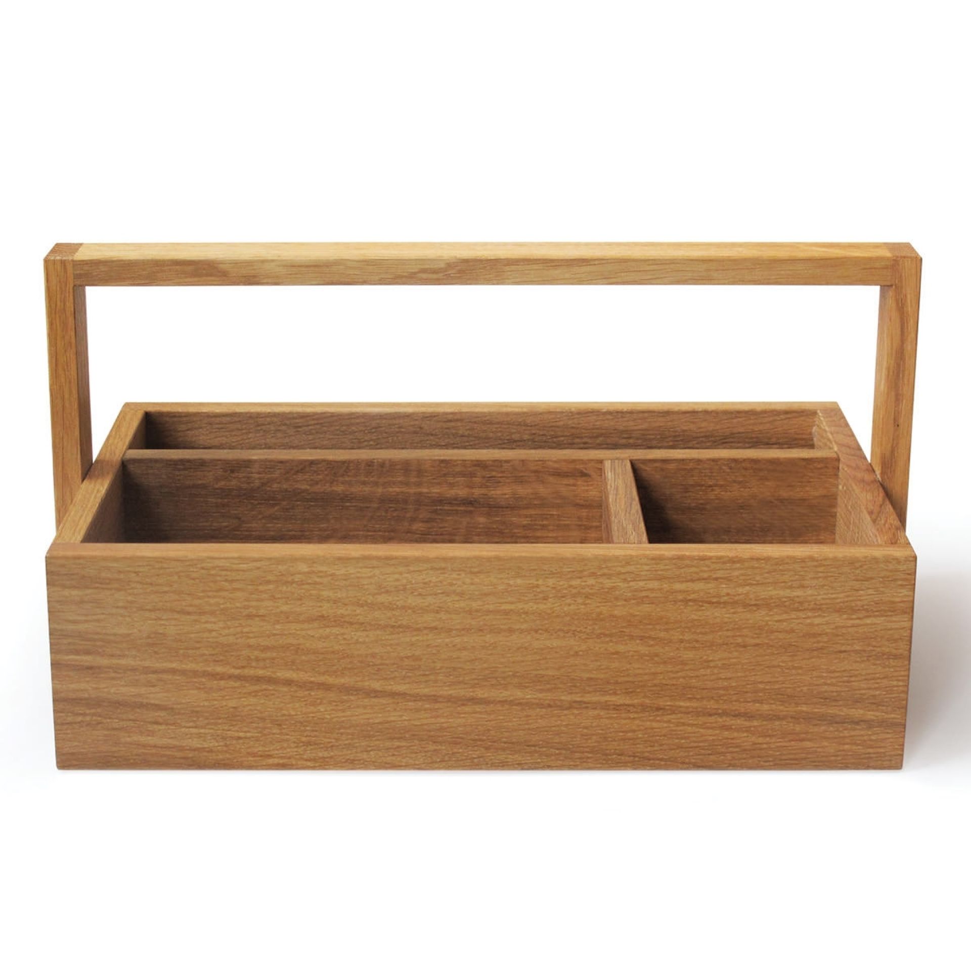 Werkzeugbox "All you need Side by Side" aus hellem Holz mit Tragegriff und Fächern.