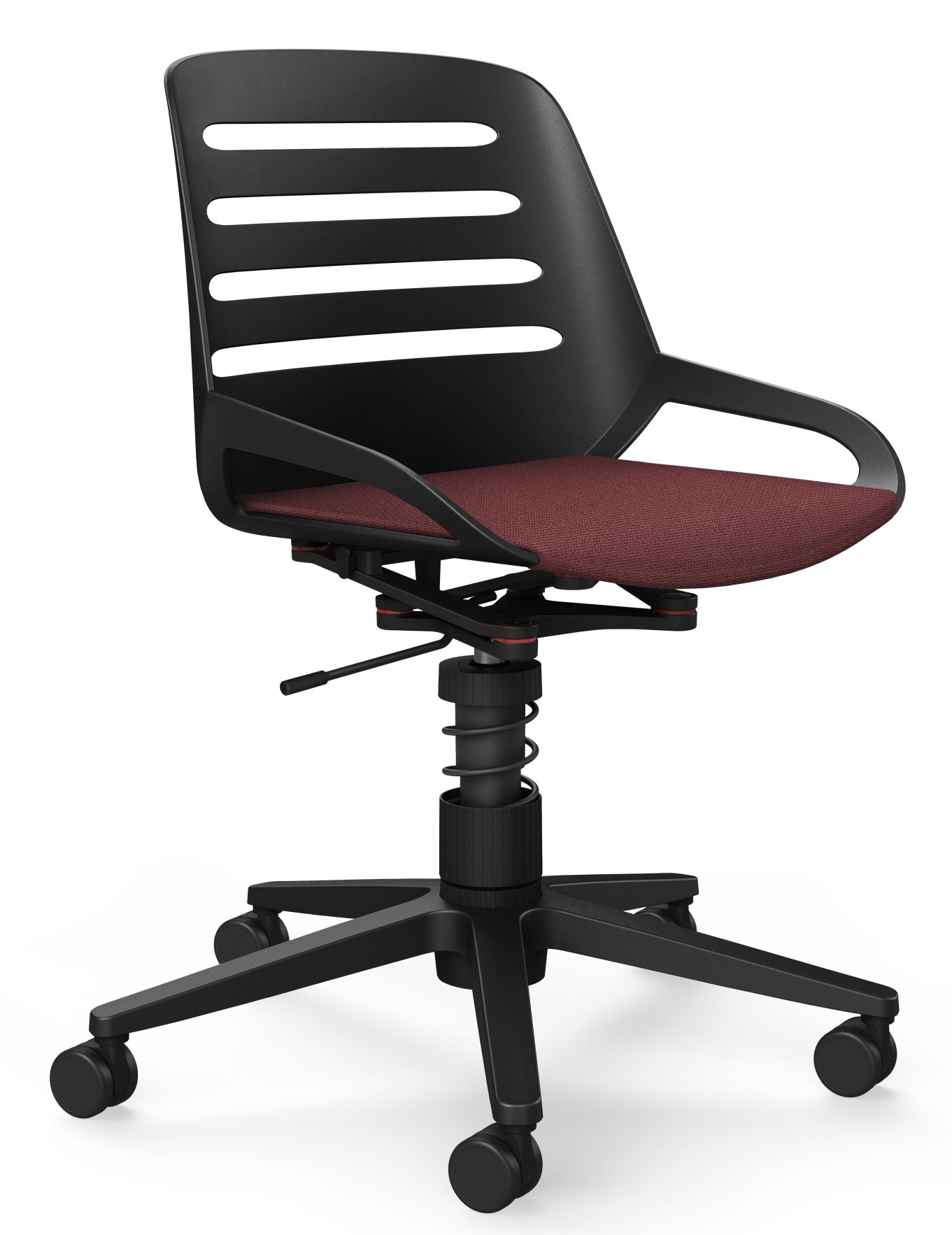 Numo Drehstuhl von Aeris mit schwarzem Gestell, roter Sitzfläche und Rollen für das Büro.
