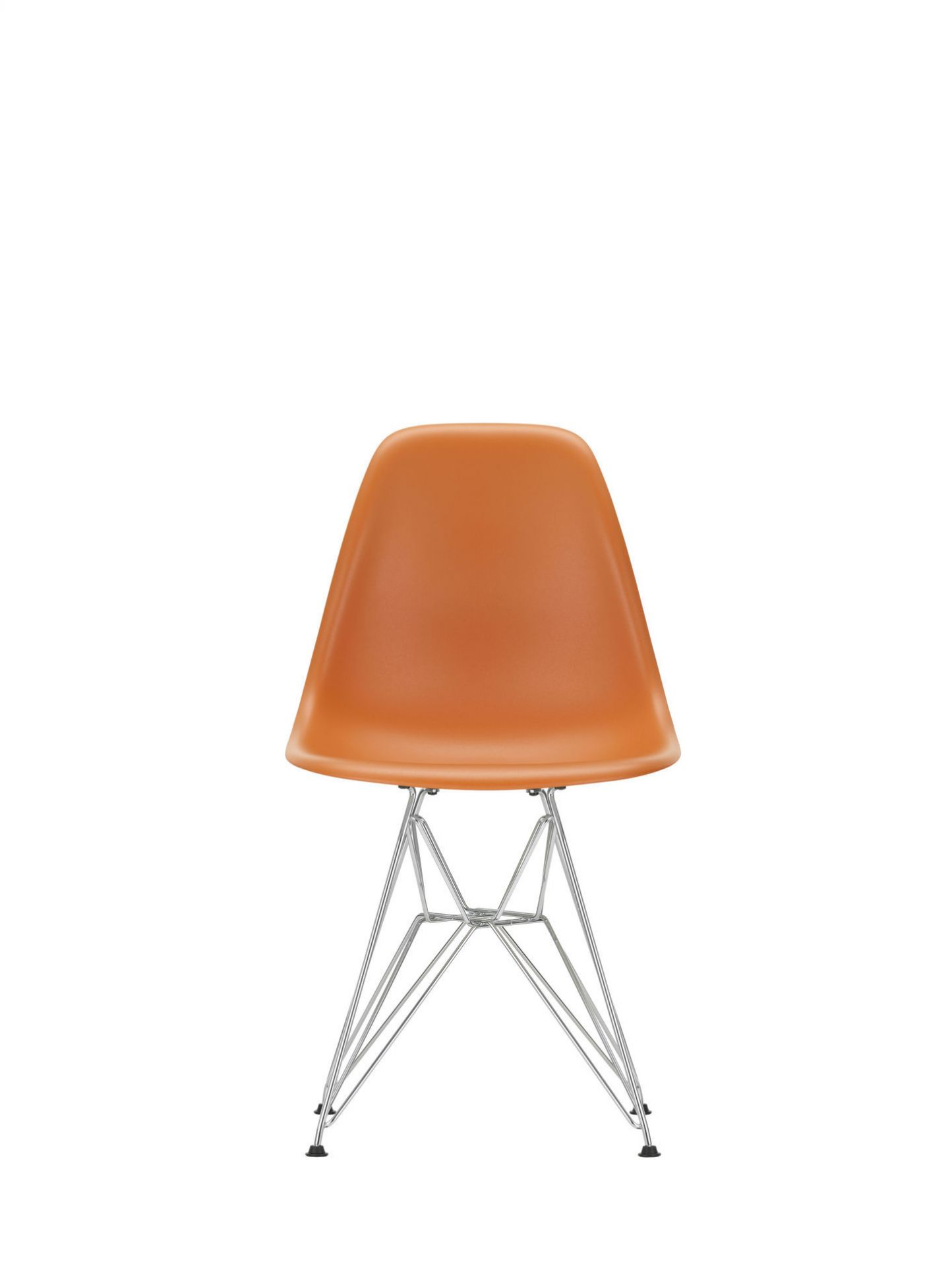 Eames DSR Stuhl von Vitra in Poppy Red mit verchromtem Drahtgestell, Frontansicht.