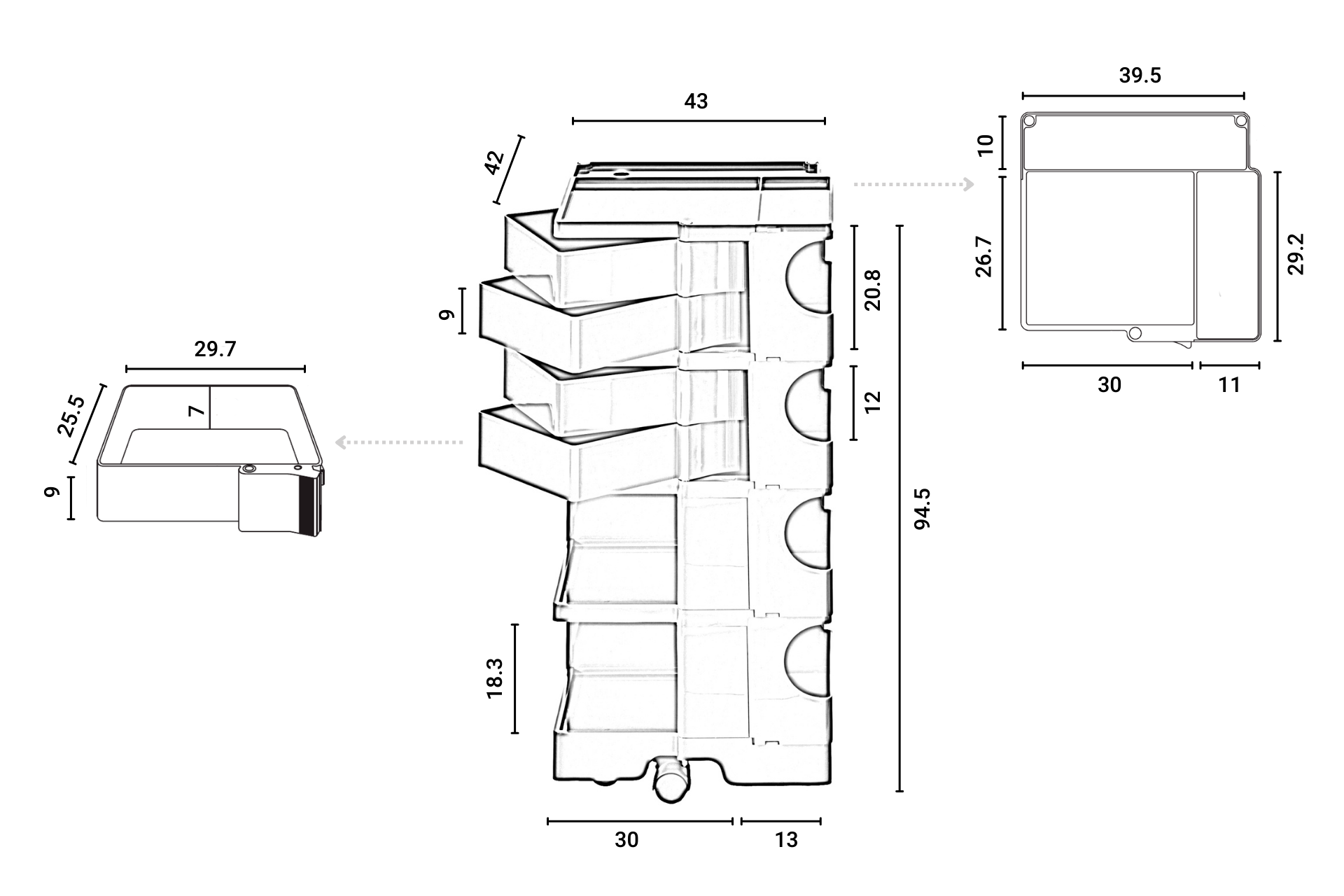 Technische Zeichnung des Boby B44 Rollcontainer Tornado Grey B-Line mit Maßangaben für E-Commerce.