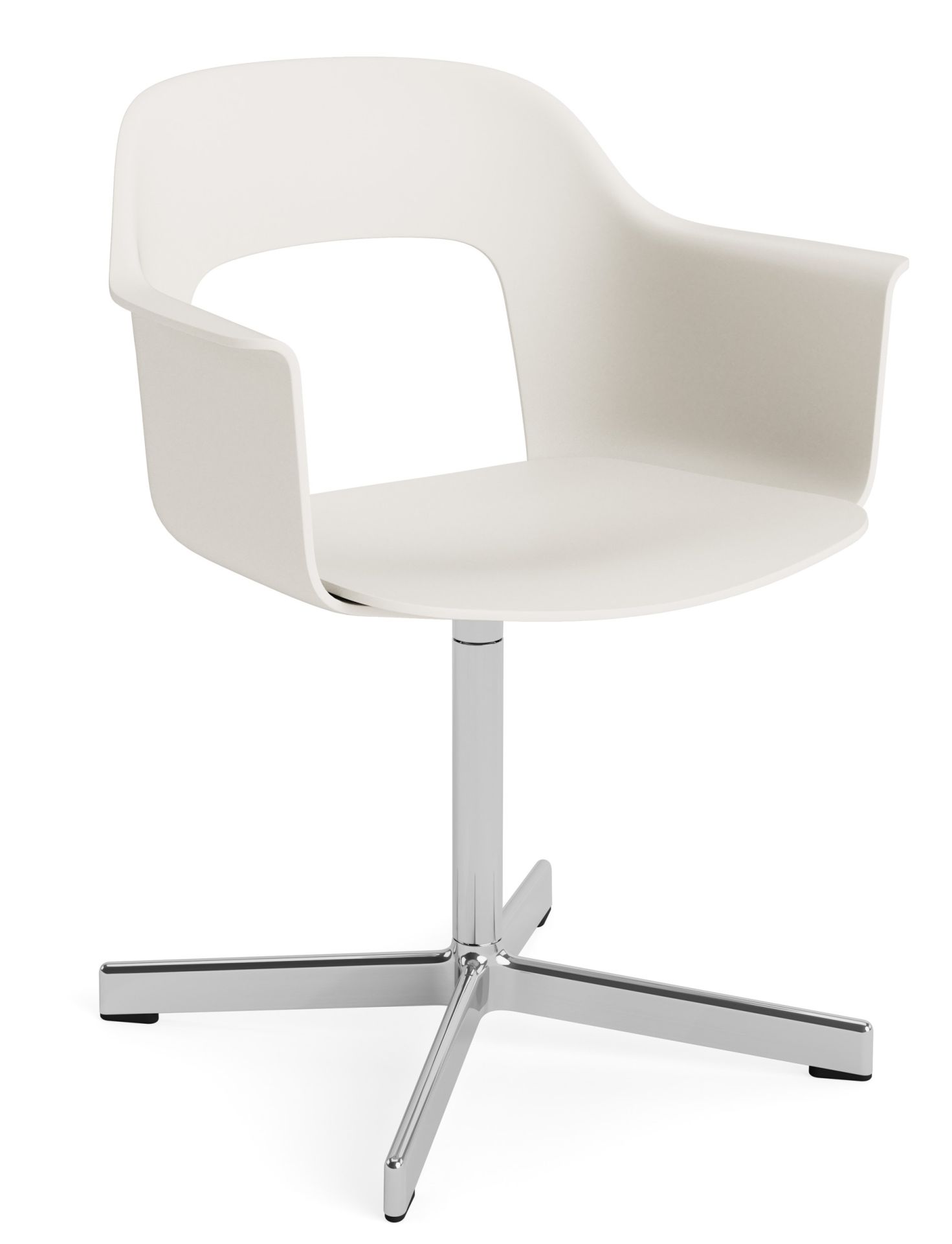 Weißer Hay Layout Armchair 231 Armlehnstuhl mit Drehfuß aus Chrom, moderner Bürostuhl für stilvolles Arbeiten.