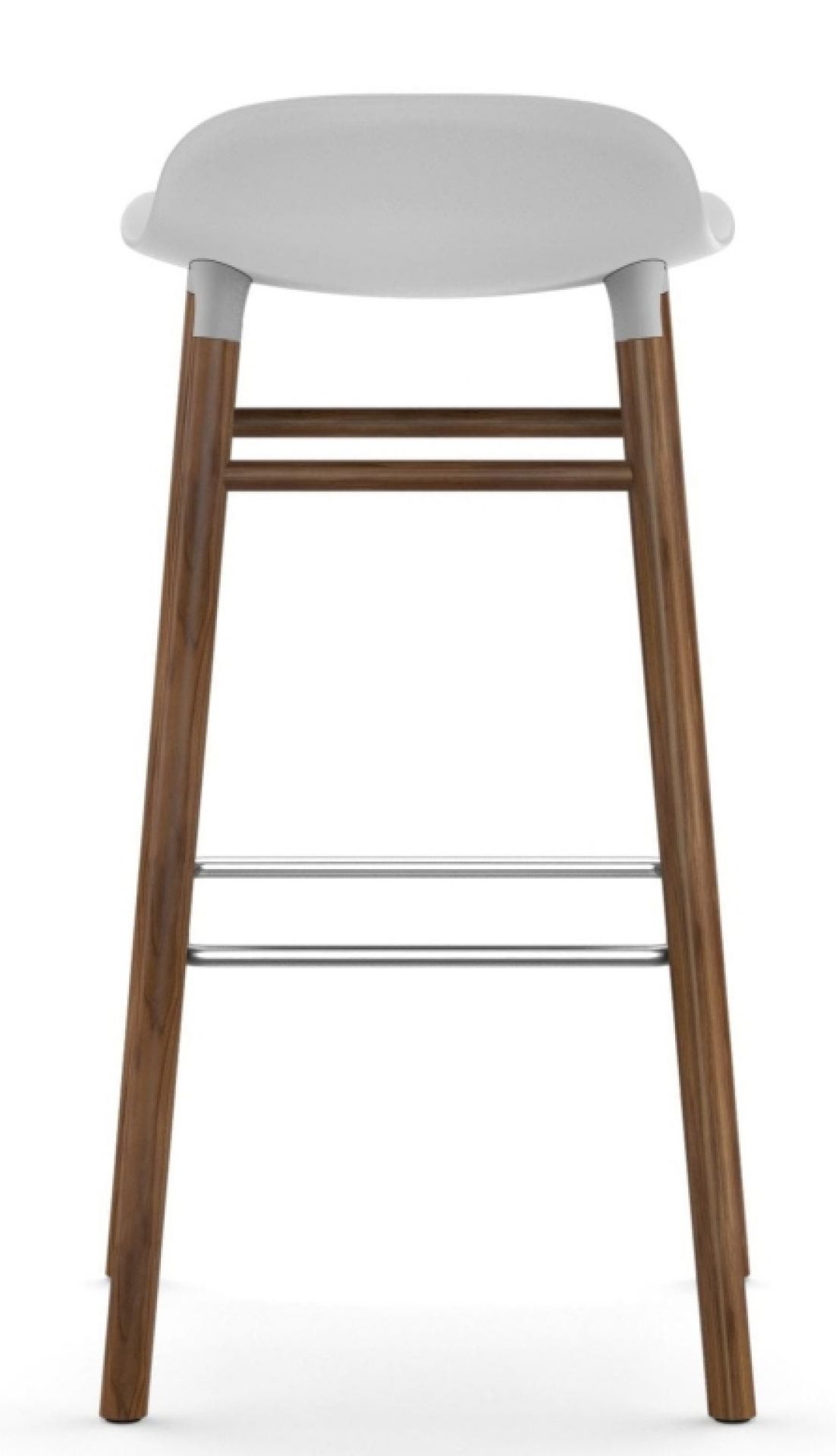 Form Barhocker von Normann Copenhagen, weiße Sitzfläche und Beine aus dunklem Holz, Fußstütze aus Metall.