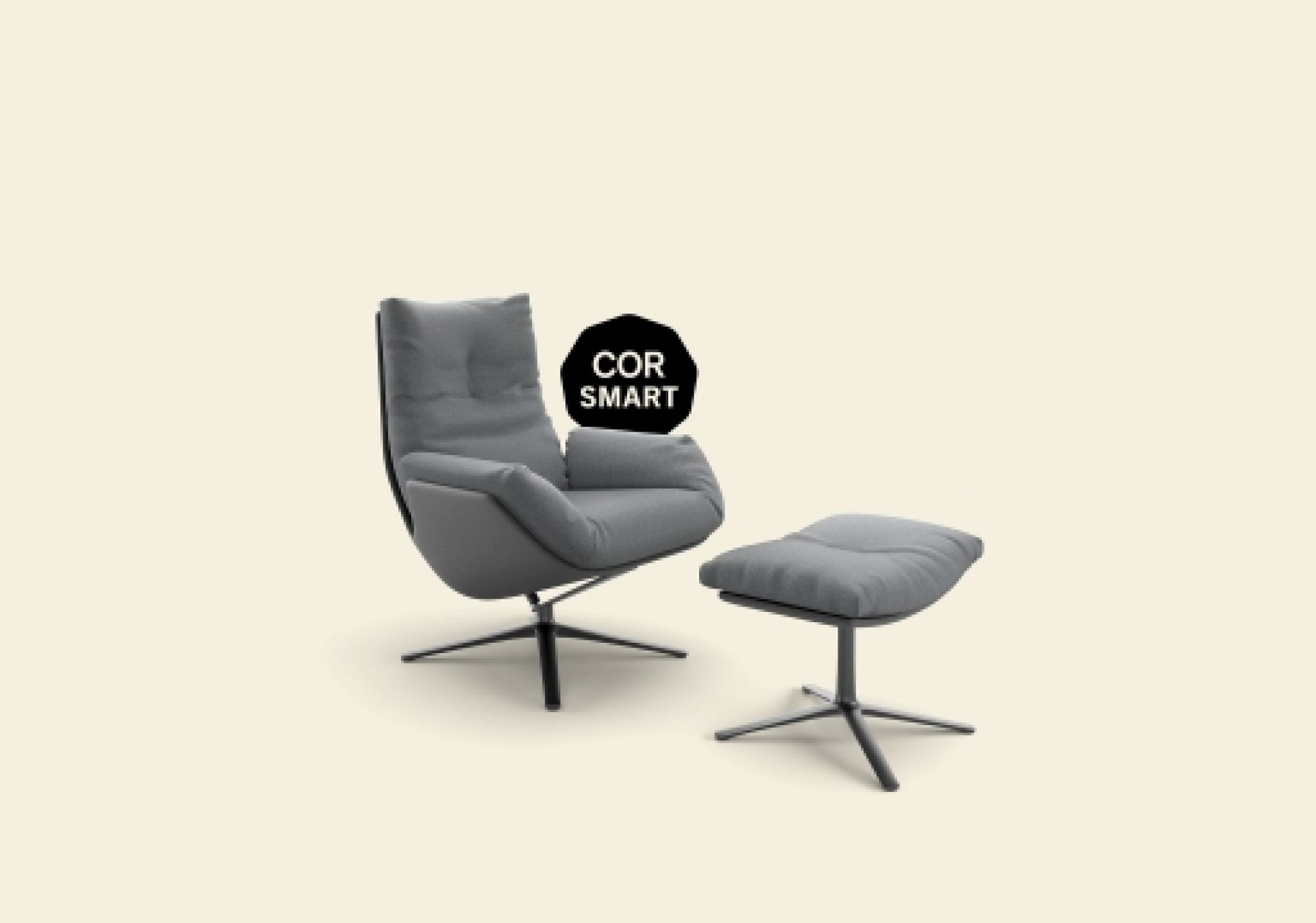 Grauer Cordia Lounge Sessel mit Hocker, bequemer Relaxsessel für Wohnzimmer oder Büro.