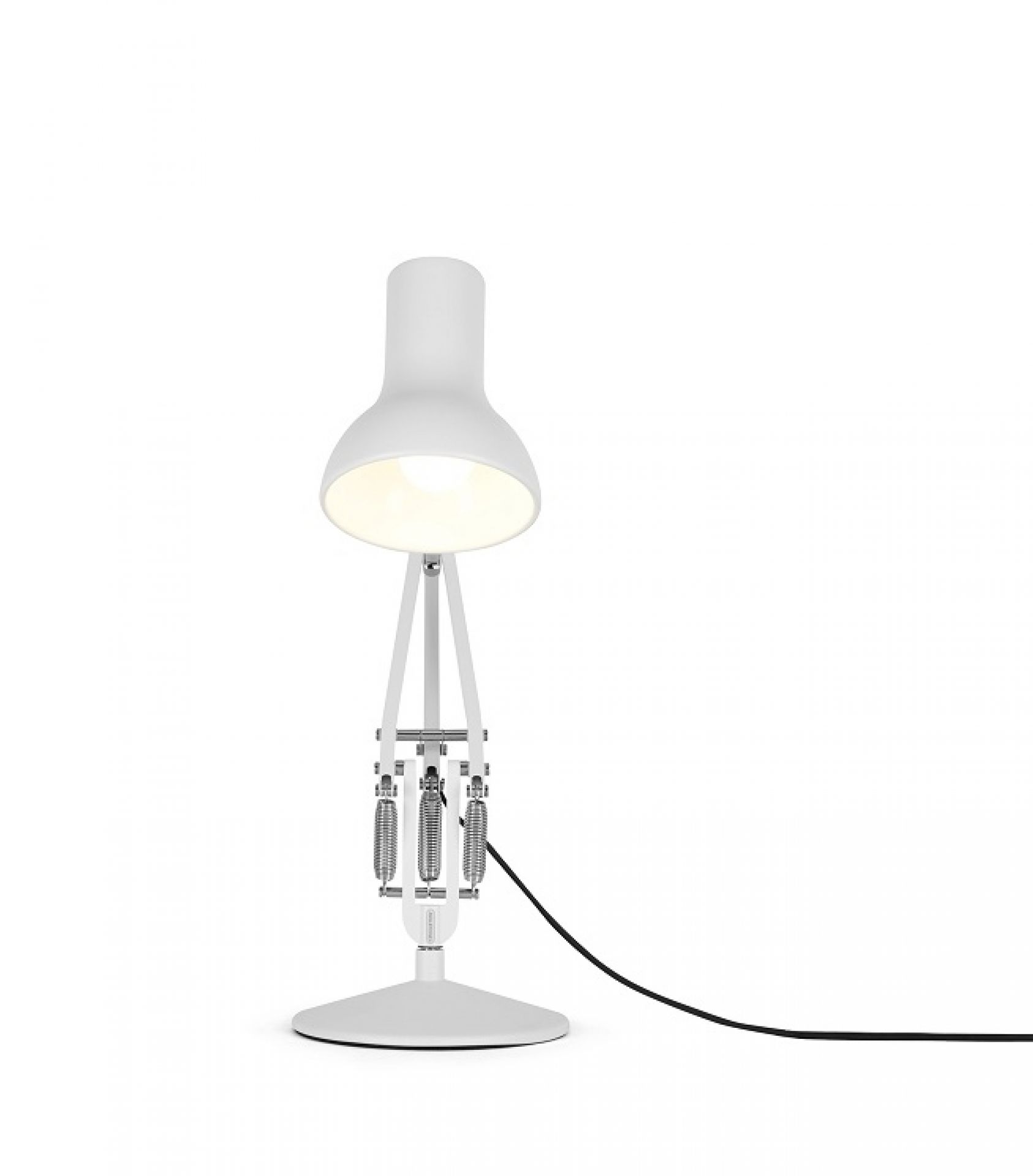 Weiße Type 75 Mini Anglepoise Tischleuchte mit verstellbarem Arm und hellem Licht.