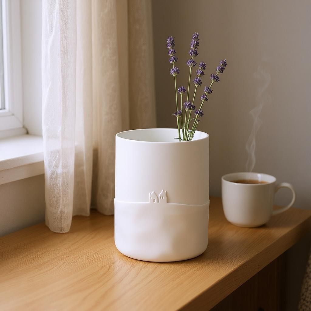 Nahaufnahme der Räder Schneetag Vase mit Lavendelzweigen und einer Tasse Tee.