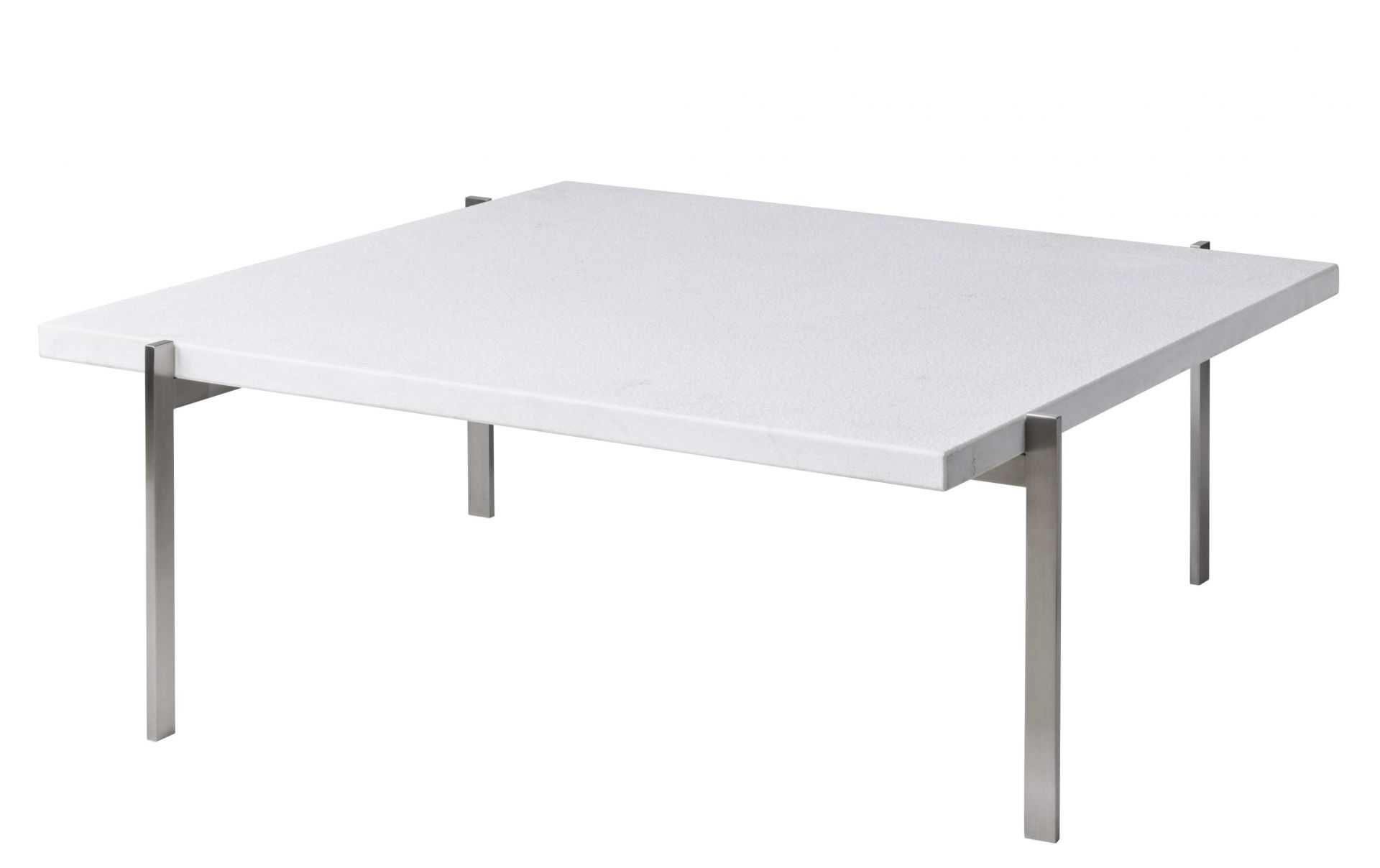 PK 61 Couchtisch von Fritz Hansen mit quadratischer, weißer Tischplatte und filigranem Stahlgestell.