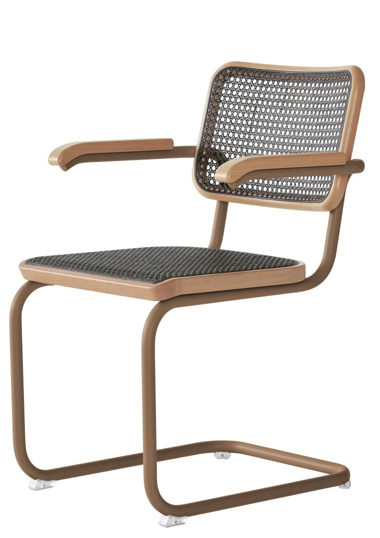 S 64 V Thonet Freischwinger Stuhl mit Stahlrohrgestell, Holzarmlehnen und Wiener Geflecht für Sitz und Rückenlehne.