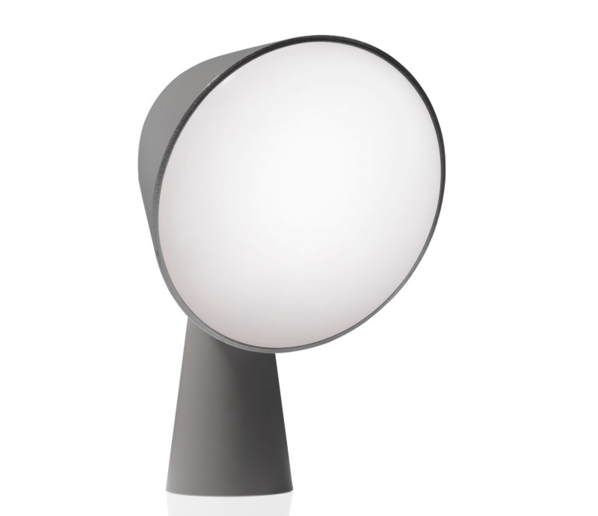 Graue Binic Tischleuchte von Foscarini mit rundem, leuchtendem Lampenschirm für Nachttisch oder Schreibtisch.
