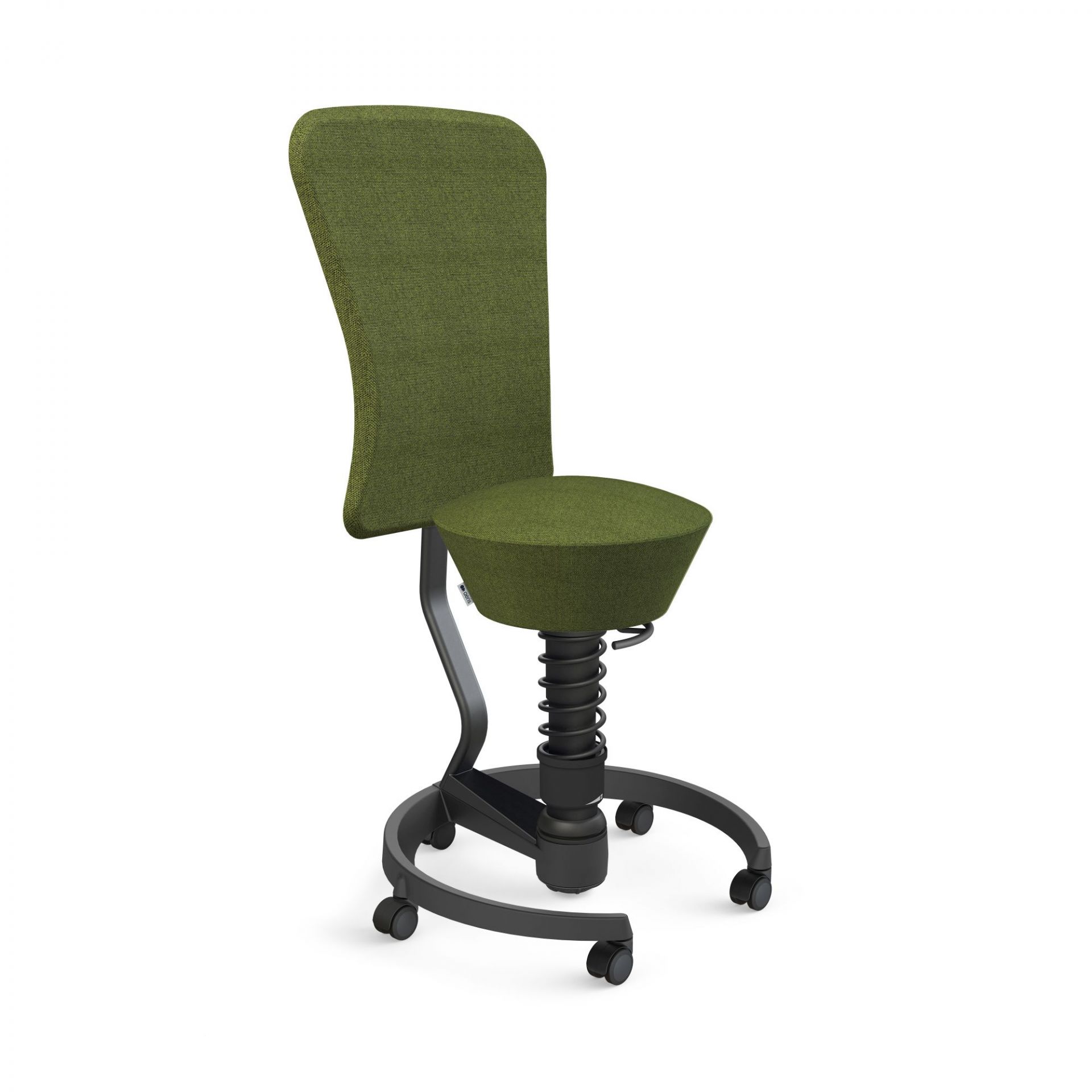 Grüner Swopper Work Hocker Aeris mit Rückenlehne und Rollen für ergonomisches Sitzen.
