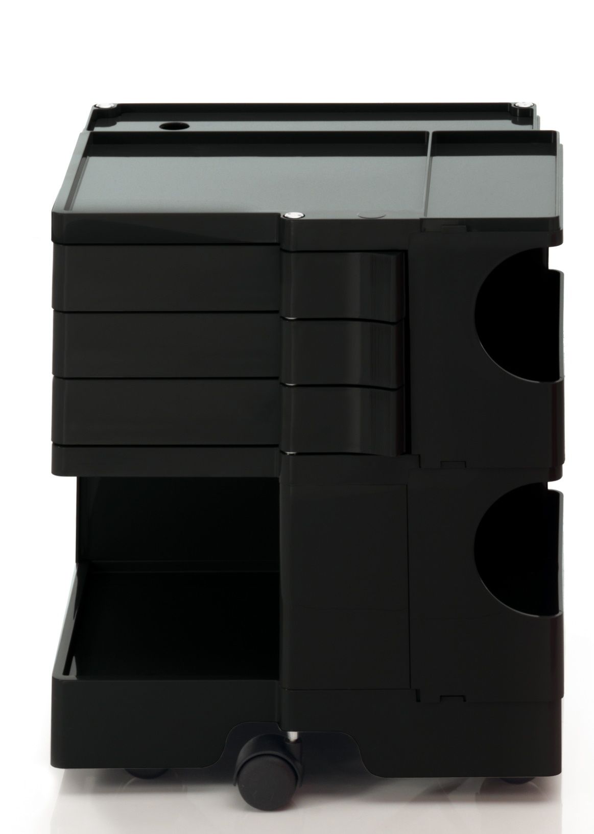Schwarzer Boby Rollcontainer mit Schubladen, Fächern und Rollen für Büro und Arbeitszimmer.