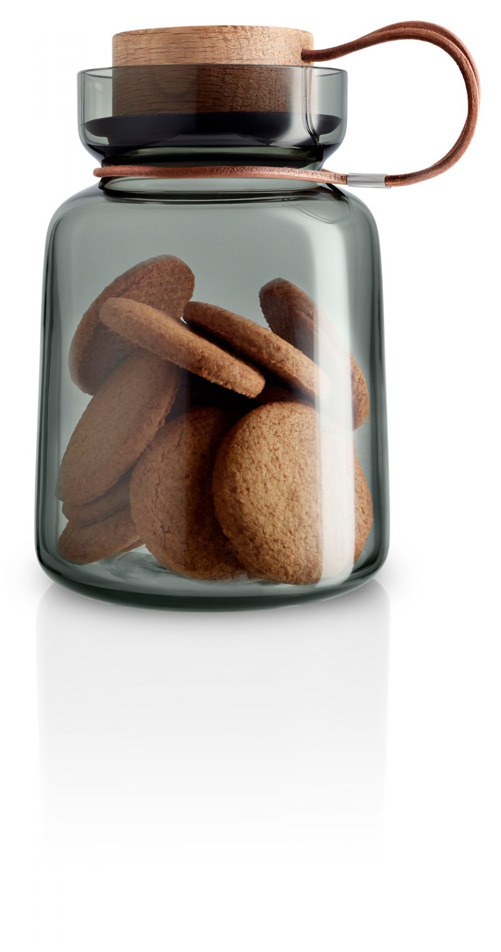 Silhouette Aufbewahrungsglas von Eva Solo, 1.0l, gefüllt mit Keksen. Vorratsglas mit Holzdeckel und Lederriemen.