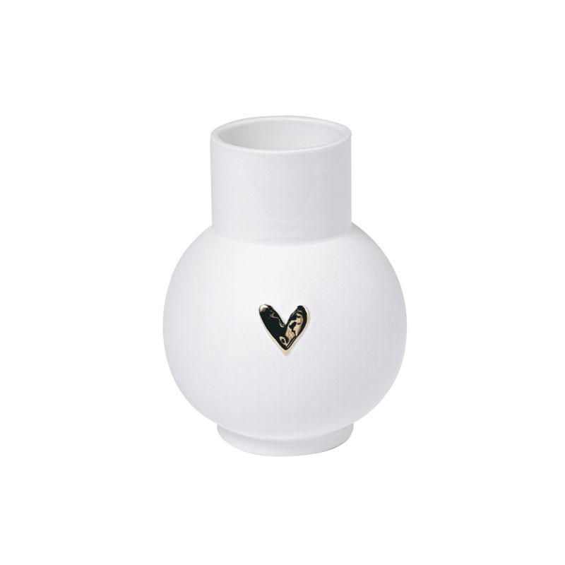 Weiße Kugelvase mit goldenem Herz, Lovely Vase für Blumen und Dekoration.
