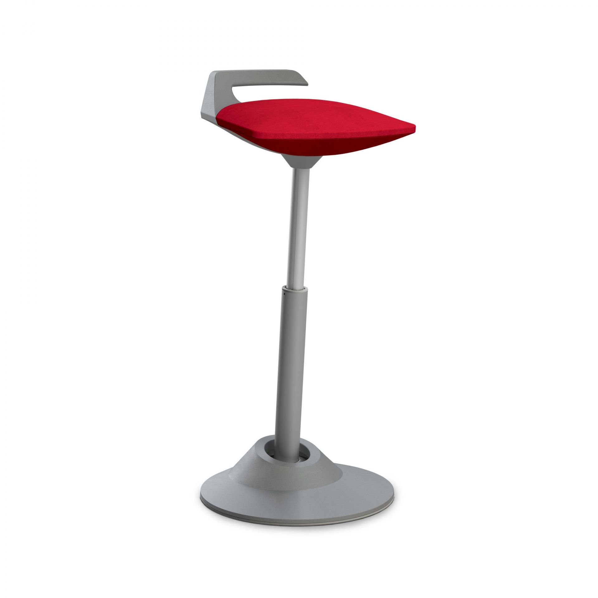 Ergonomischer Stehhocker in Grau mit rotem Sitzpolster für dynamisches Sitzen im Büro.