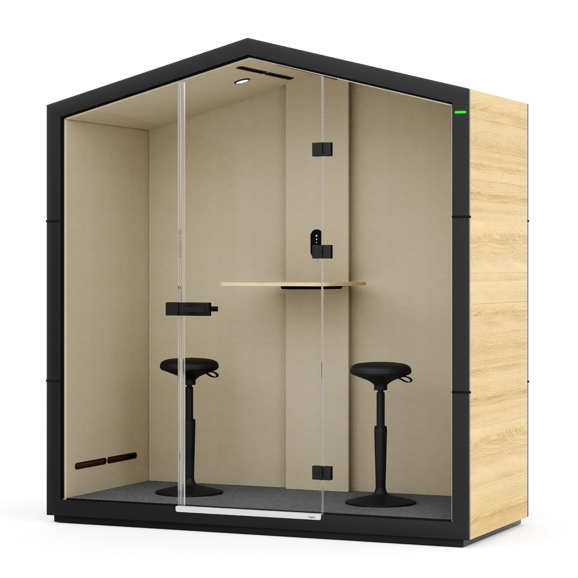 Bejot Treehouse Akustikkabine mit zwei Stehhockern und Tisch, ideal für konzentriertes Arbeiten im Büro.