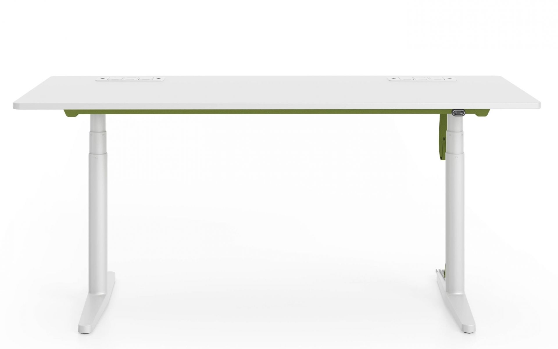 Vitra Tyde Steh-Sitz-Tisch, 160 cm breit, weiße Tischplatte mit grüner Unterseite und weißen Beinen.