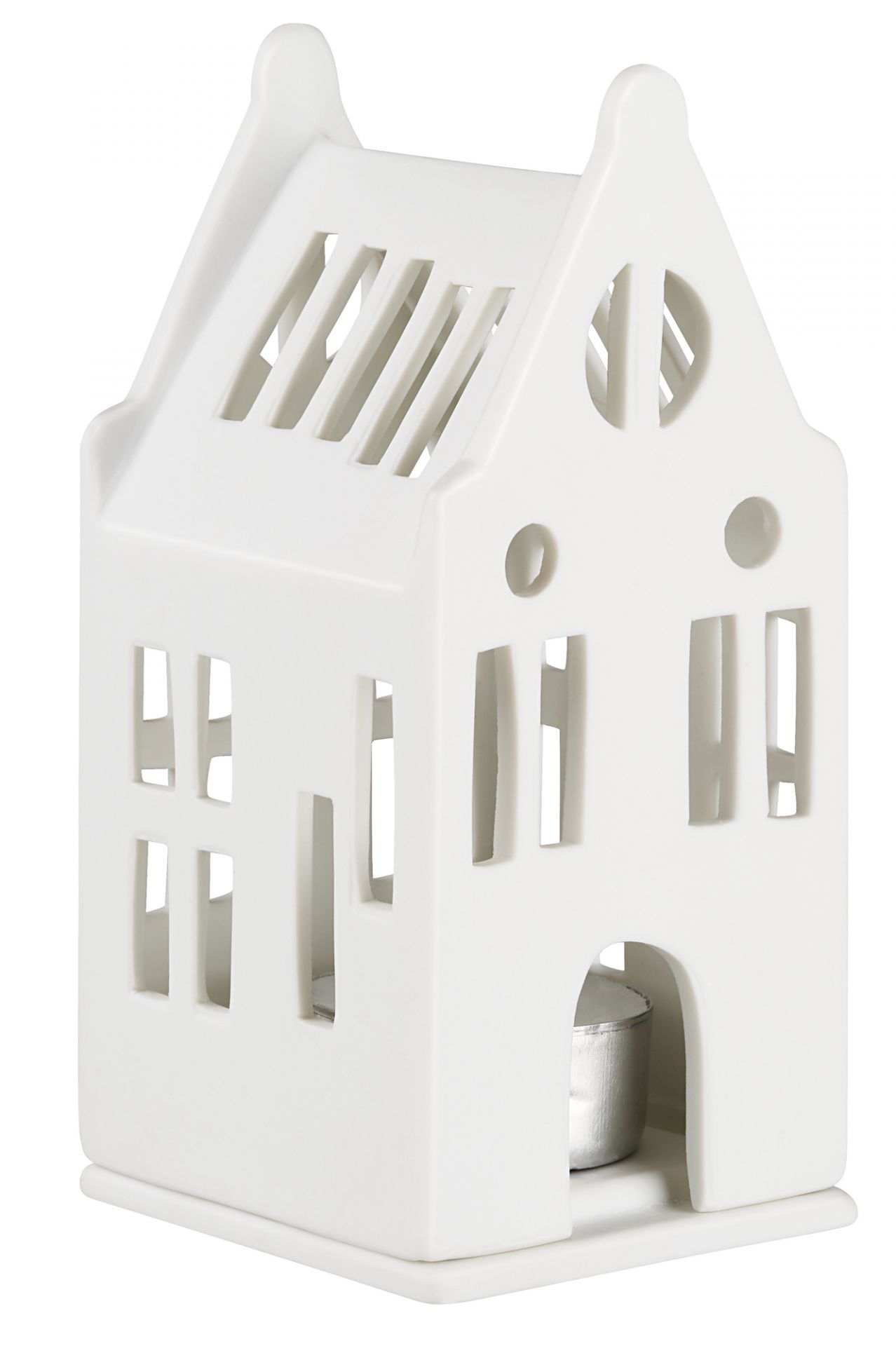 Weißes Mini Lichthaus Herrenhaus aus Keramik mit Teelicht für stimmungsvolle Beleuchtung und Dekoration.