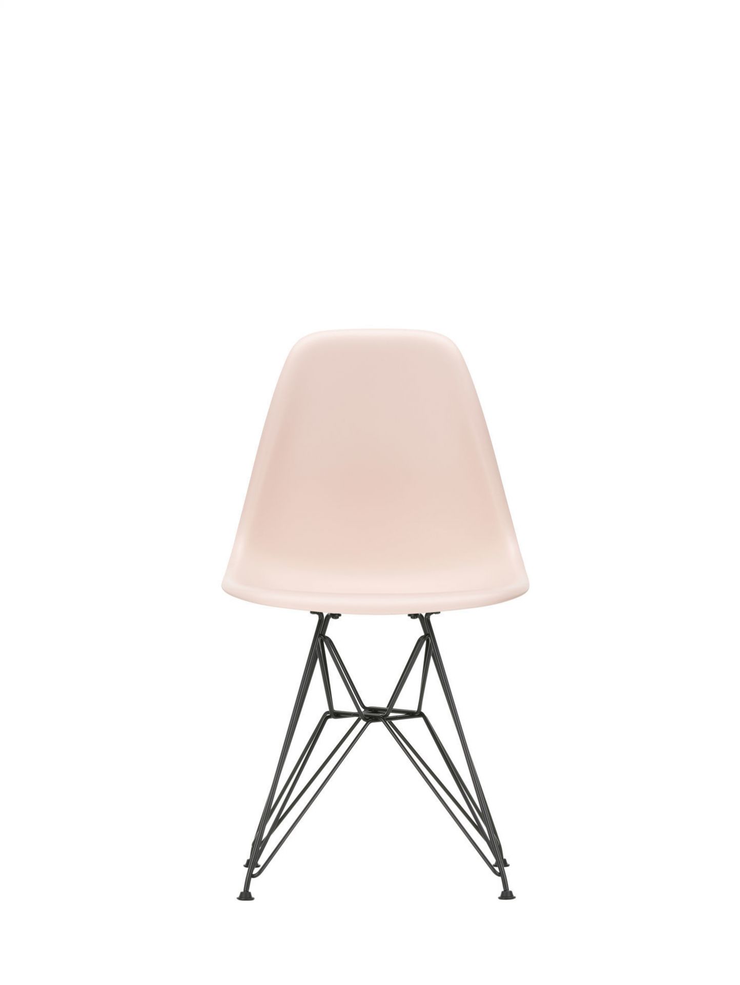Eames Plastic Side Chair DSR in Eisgrau mit schwarzem Eiffelturm-Untergestell, moderner Designklassiker von Vitra.