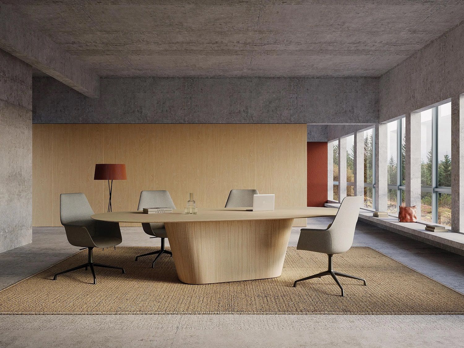 Gala Executive Bürodrehstühle von Andreu World um einen ovalen Holztisch in modernem Konferenzraum.