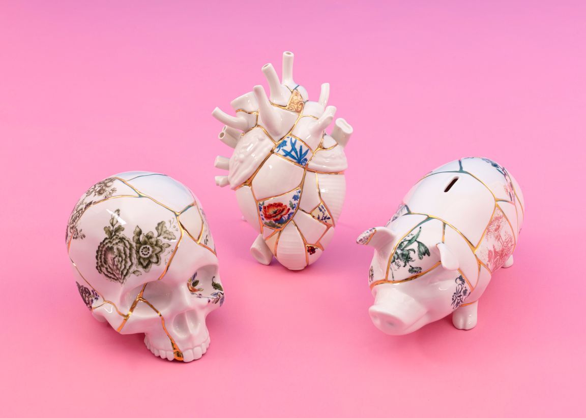 Kintsugi Spardosen Set: Totenkopf, Herz und Schwein, Porzellan mit Goldreparatur, moderne Geldgeschenke.
