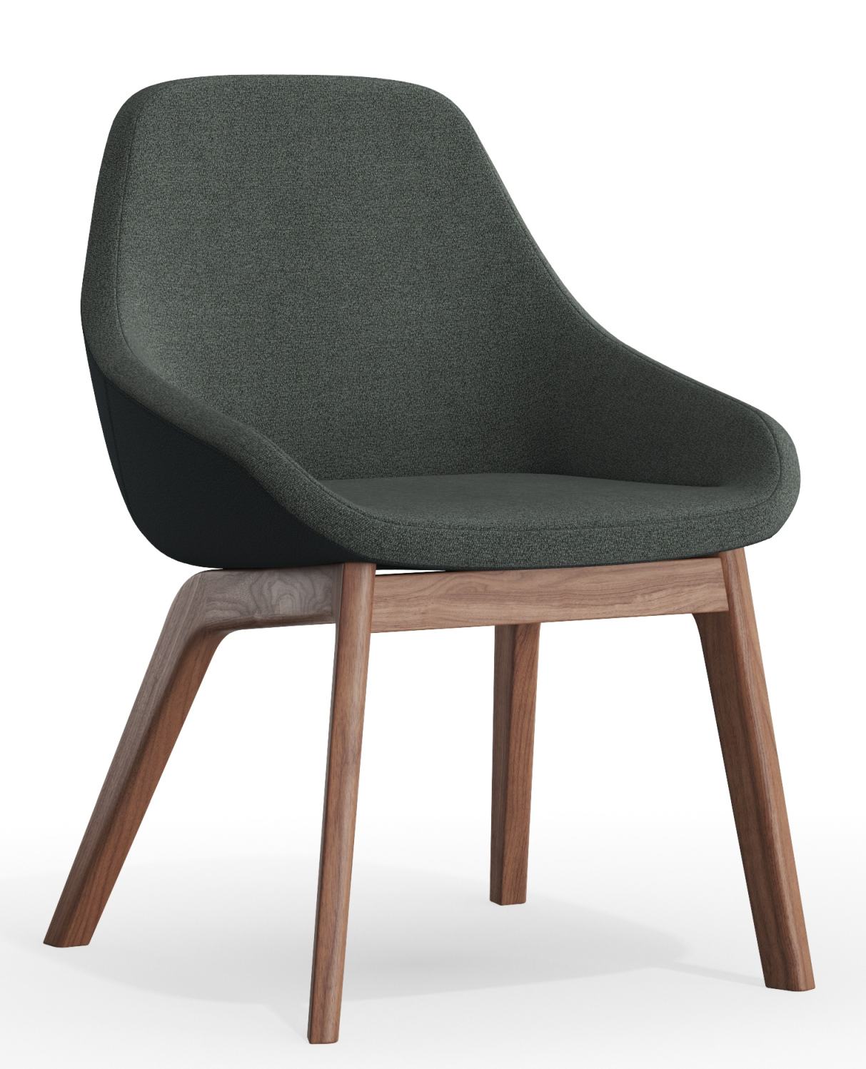 Morph Dining Chair Stuhl Zeitraum: Grauer Polsterstuhl mit Armlehne und Holzbeinen auf weißem Hintergrund.