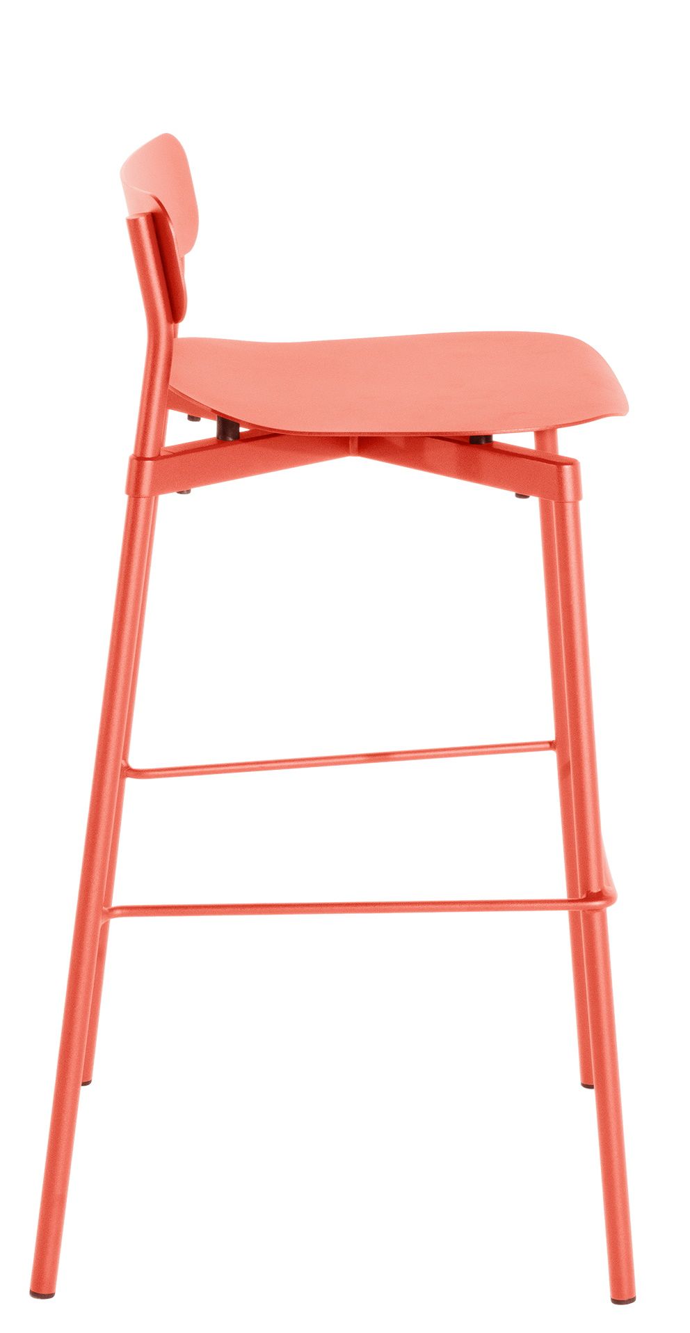 Fromme Barstool Hocker in Koralle: Moderner Barstuhl mit Rückenlehne und filigranem Metallgestell.
