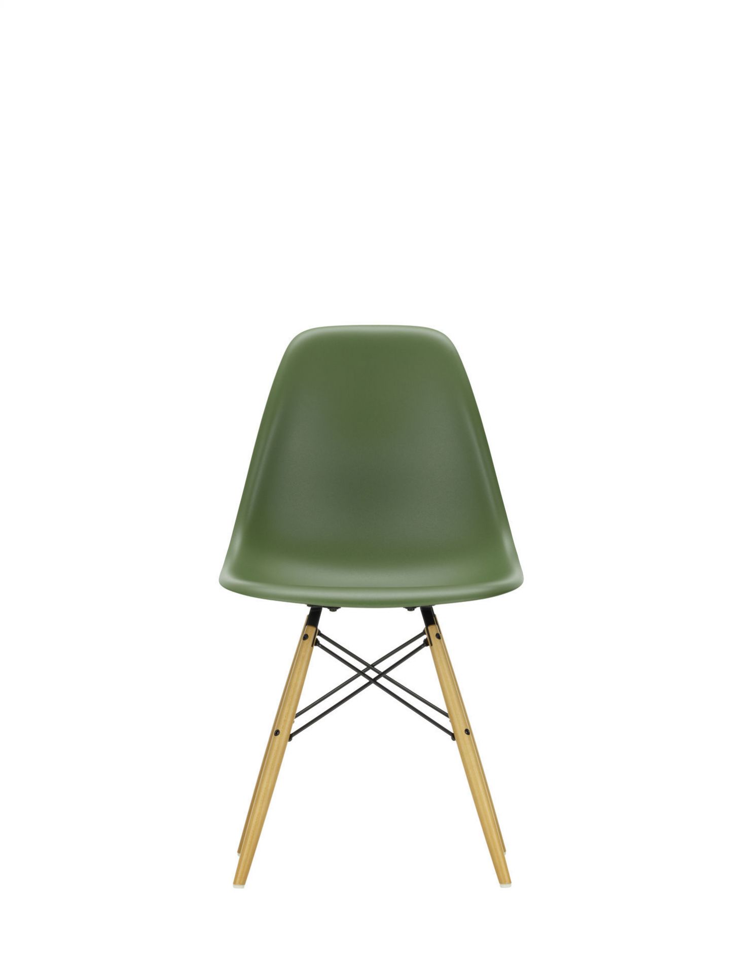 Eames Plastic Side Chair mit Ahorn-Gestell und grüner Sitzschale, moderner Design Stuhl.