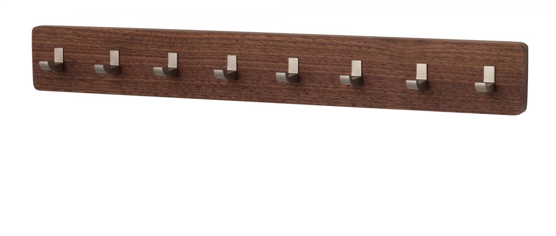 Schönbuch Key Bar Schlüsselhakenleiste aus Nussbaumholz mit acht silbernen Haken für Schlüssel, Jacken und Accessoires.