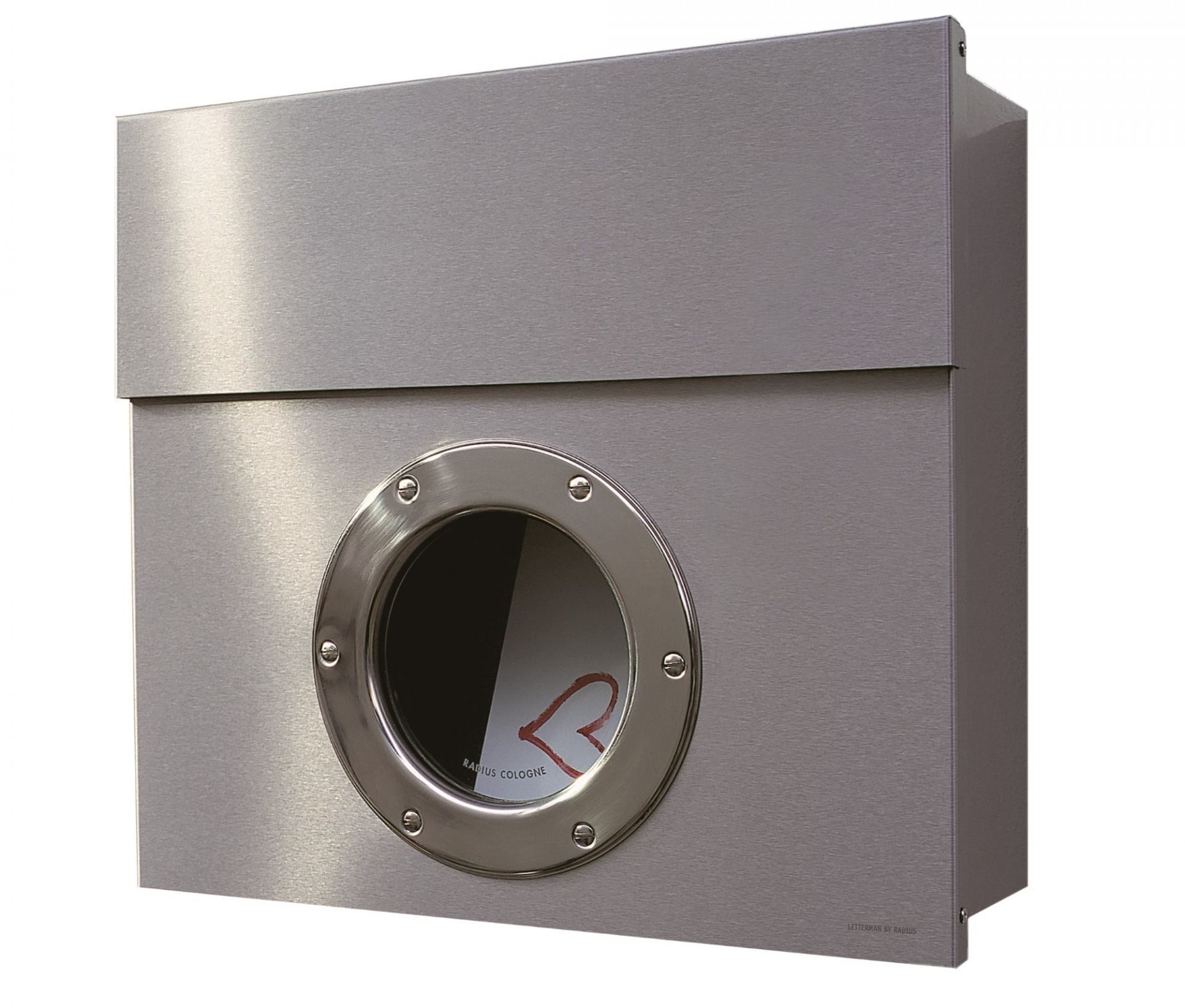 Letterman Briefkasten Radius aus Edelstahl mit Bullauge und eingeworfener Post, modernes Design für Haus und Garten.