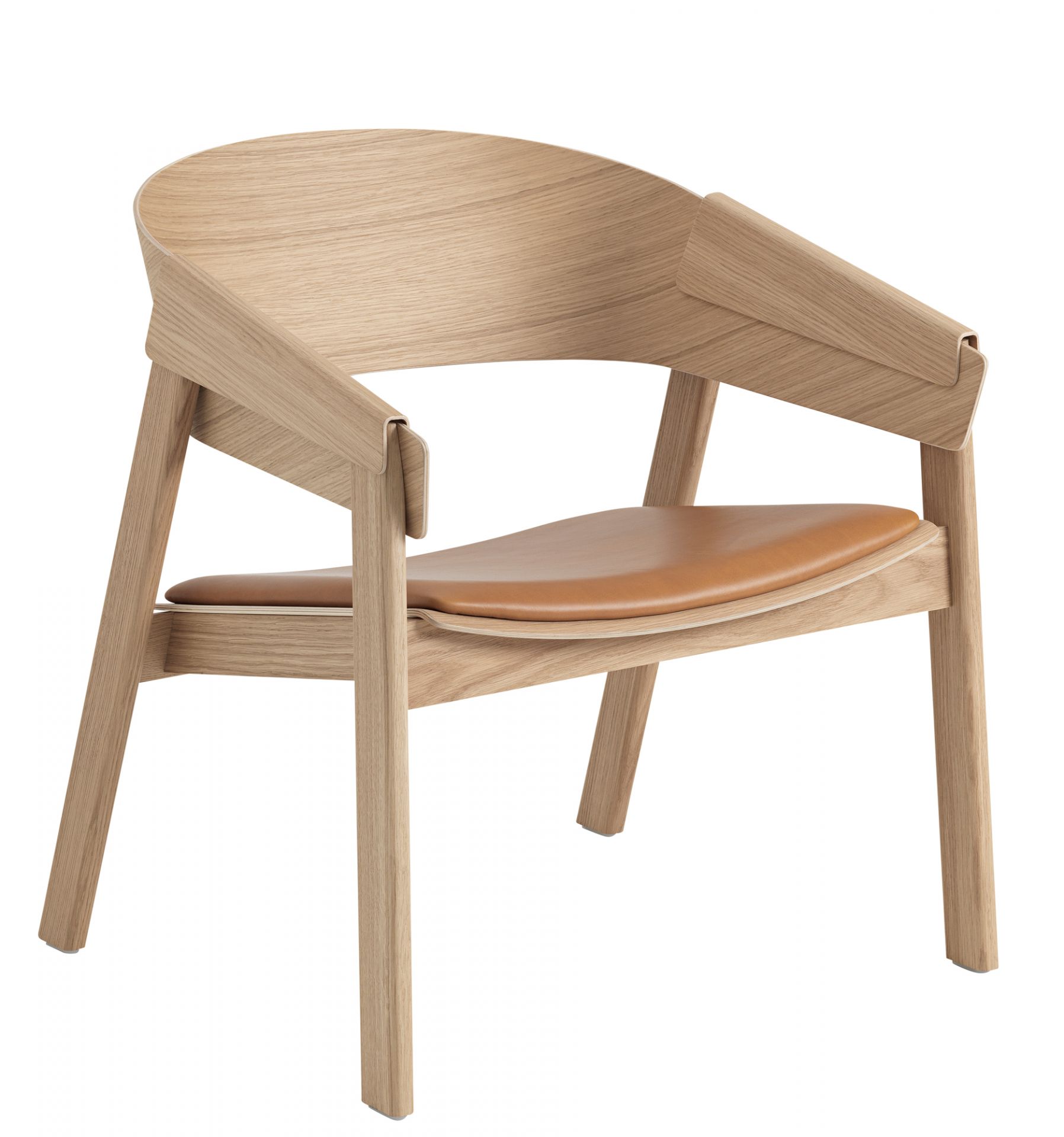 Muuto Cover Lounge Chair aus Eichenholz mit cognacfarbenem Lederbezug, skandinavisches Design für Wohnzimmer und Esszimmer.