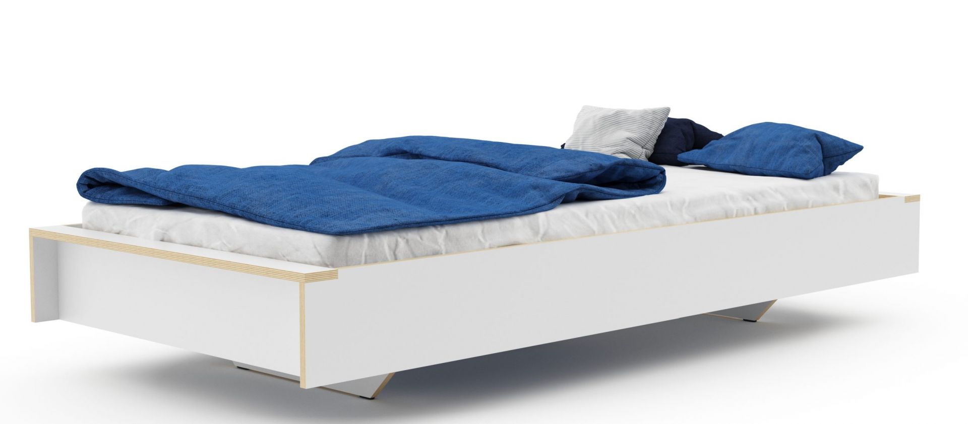 Weißes Flai Bett von Müller Möbelwerkstätten mit blauer Bettwäsche und Kissen. Modernes Design.