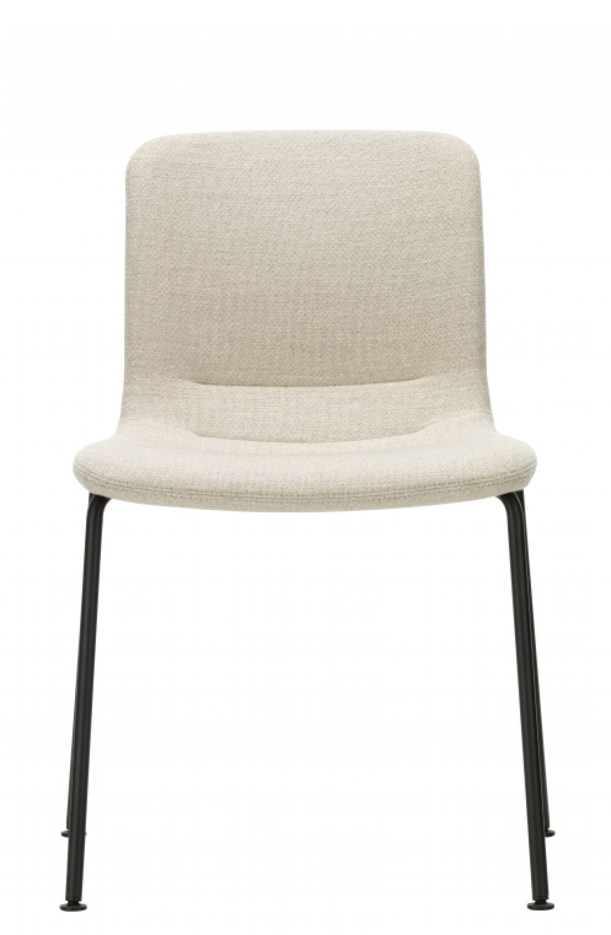 Vitra Hal Stuhl mit Stoffbezug in Beige und schwarzem Metallgestell, stapelbarer Designstuhl.