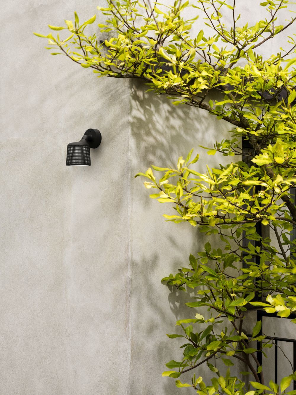 Schwarzer Vipp Outdoor Wandspot an einer grauen Wand, umgeben von einem Baum mit grünen Blättern.