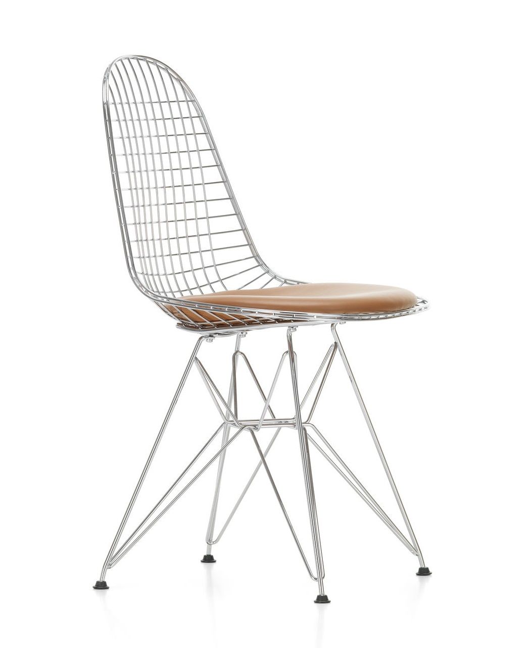 Vitra DKR-5 Wire Chair Stuhl mit braunem Sitzkissen, verchromtes Drahtgestell und filigranem Design.